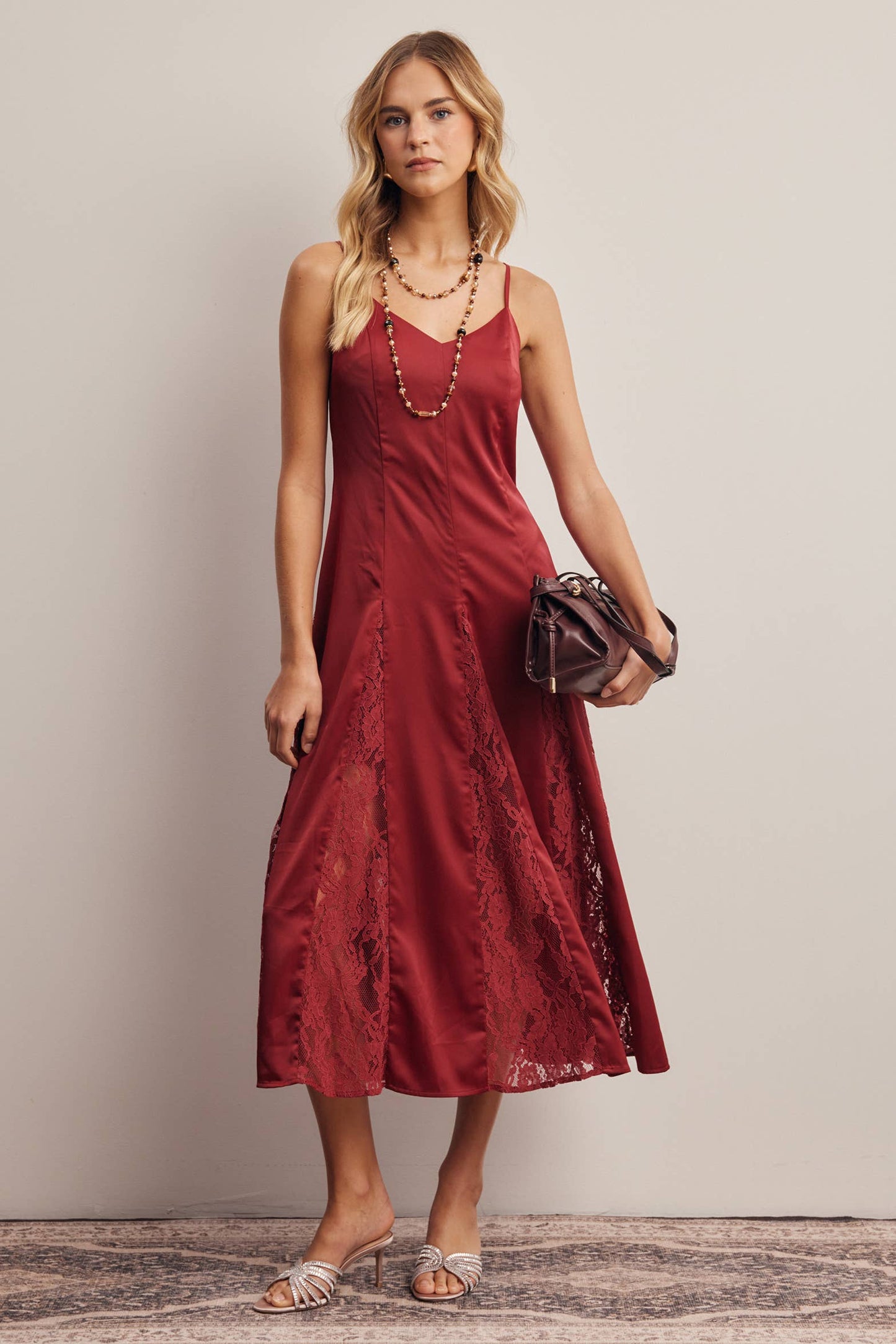Lace Panel Satin Slip Midi Dress