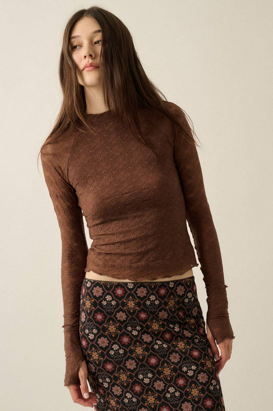 Floral Lace Mock-Neck Fitted Long-Sleeve Thumbhole Top: Chocolate