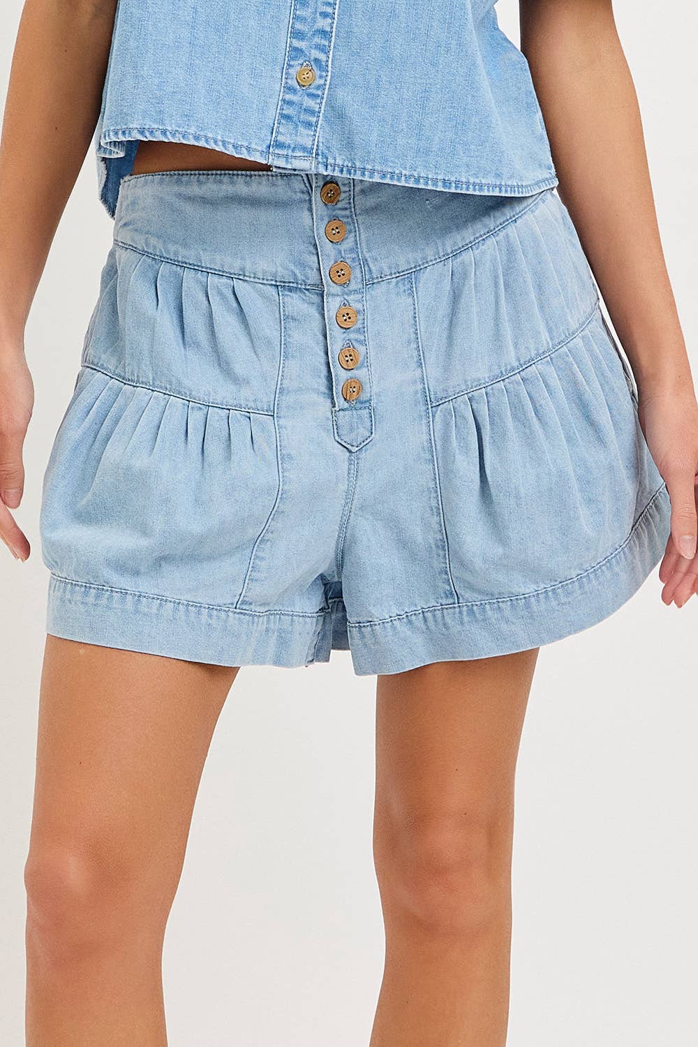 Pleated Denim Shorts