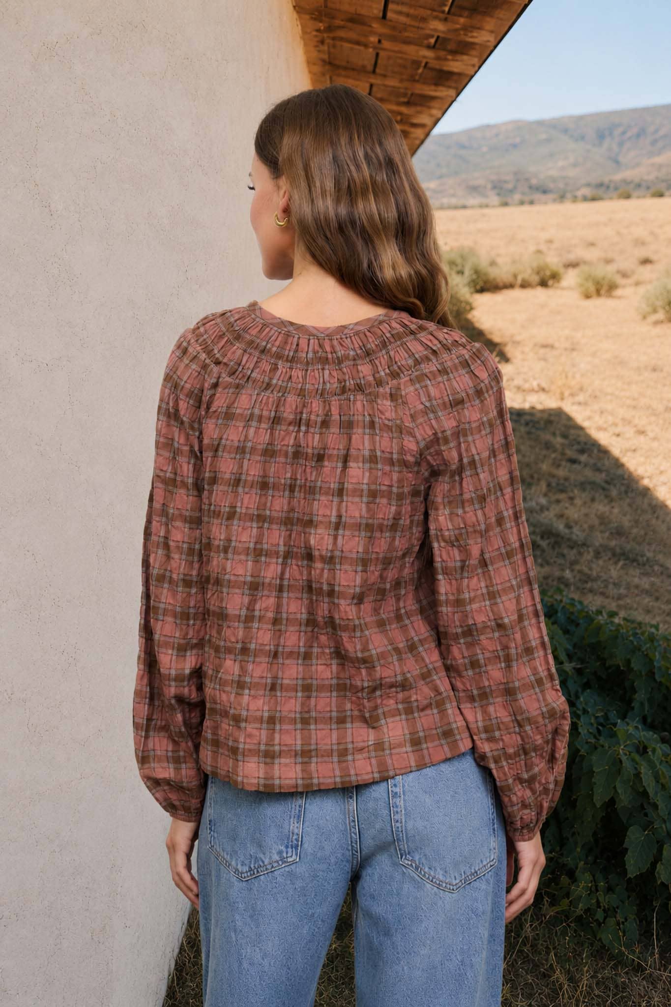 Plaid Shirred Yoke Long Sleeve Top