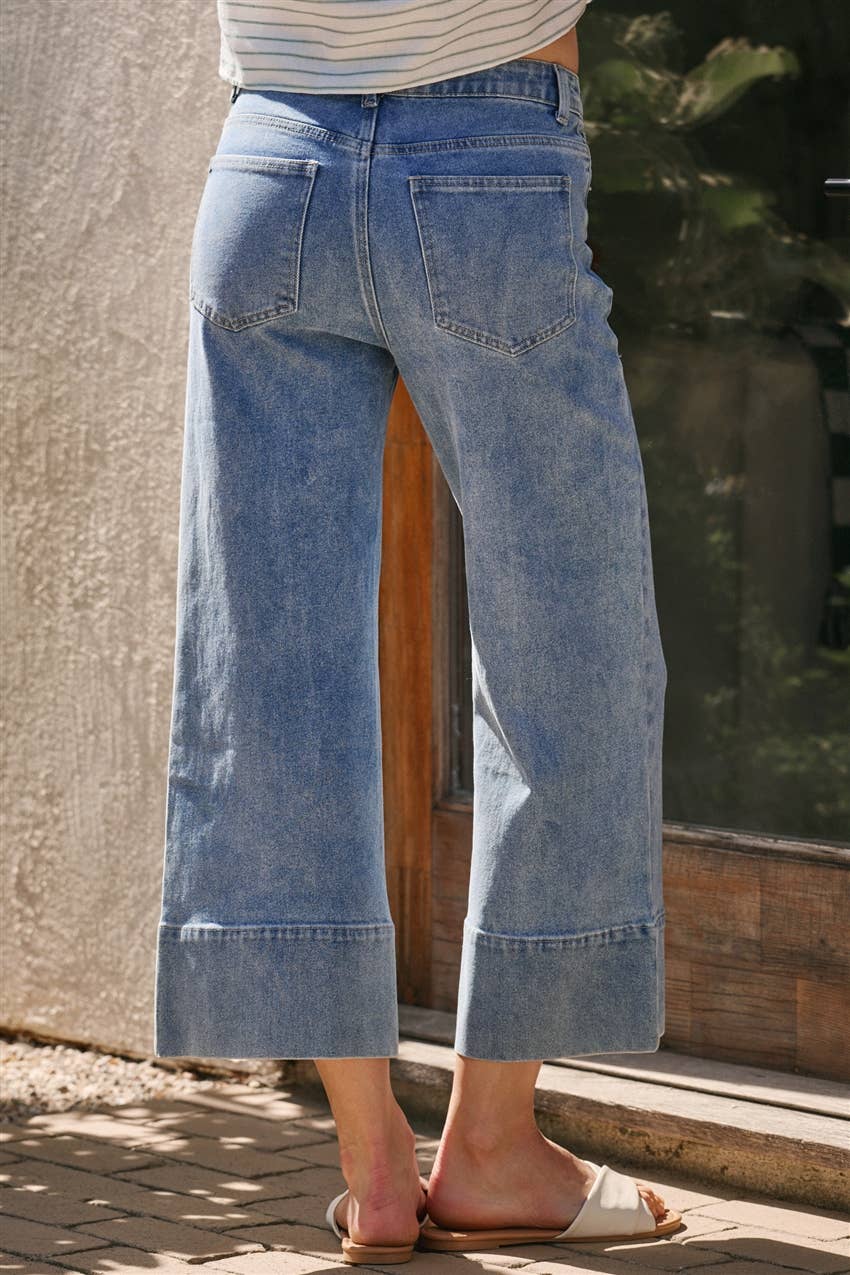 Mid Rise Stretch Denim Wide Leg Front Seamed Jeans