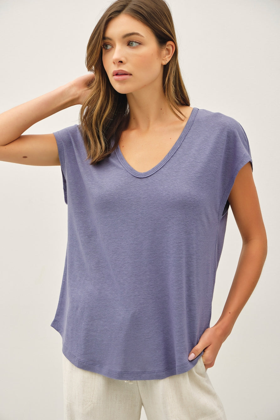 Slate Blue Raw Edge V-neck Tee