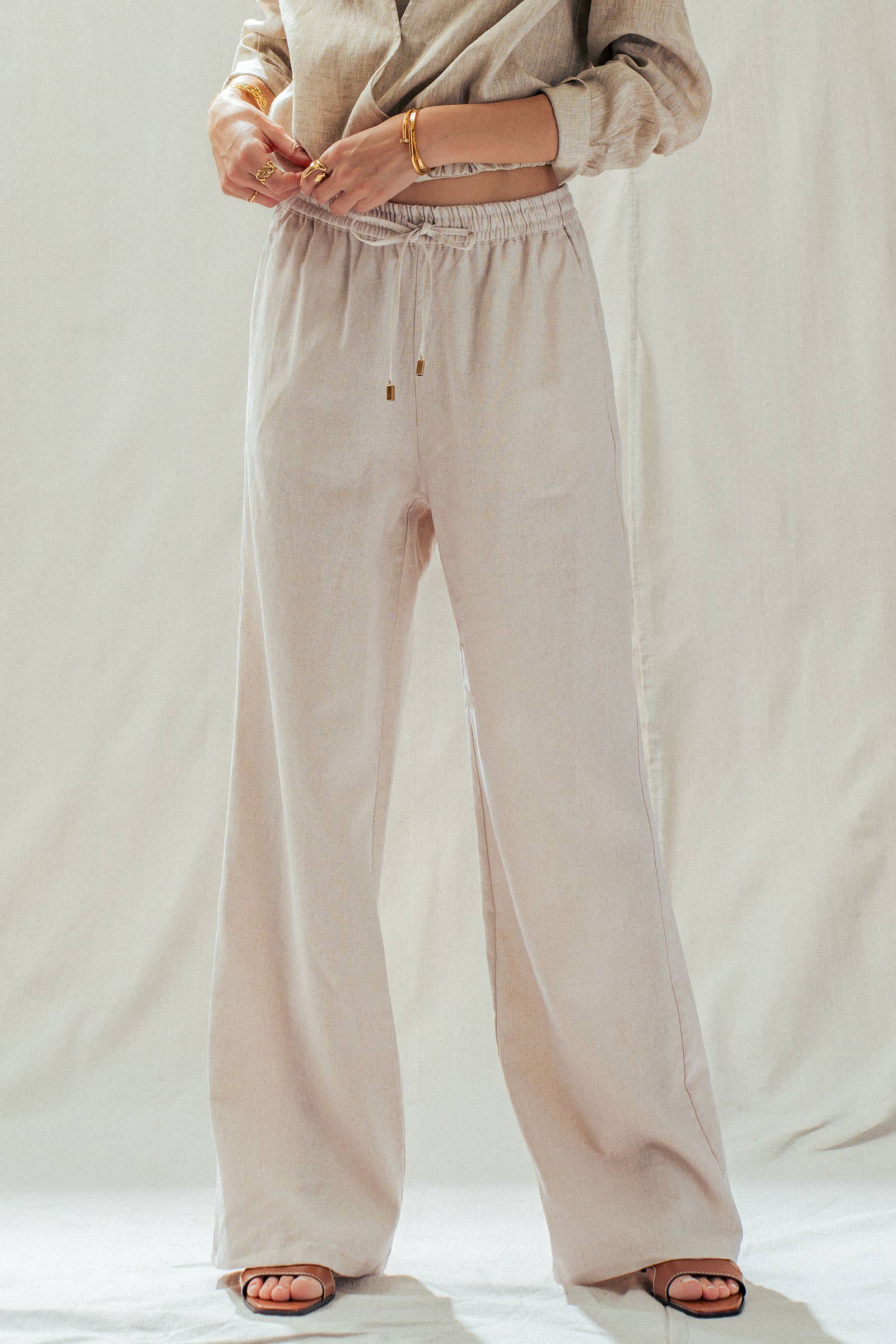 Linen Blend Wide Leg Pants Drawstring Waist 