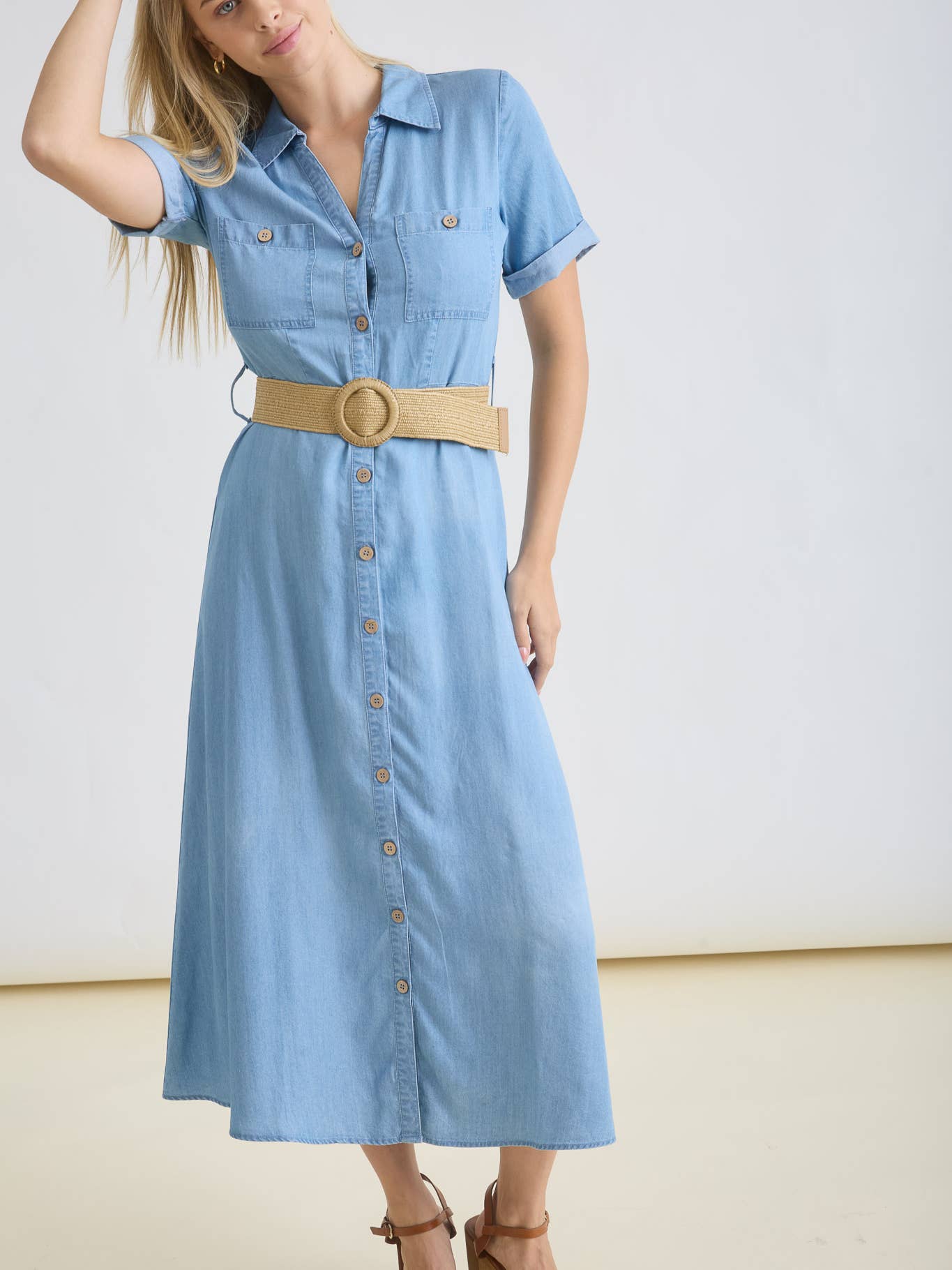 Collared Button Down Cuff Sleeve Belted Midi Dress 