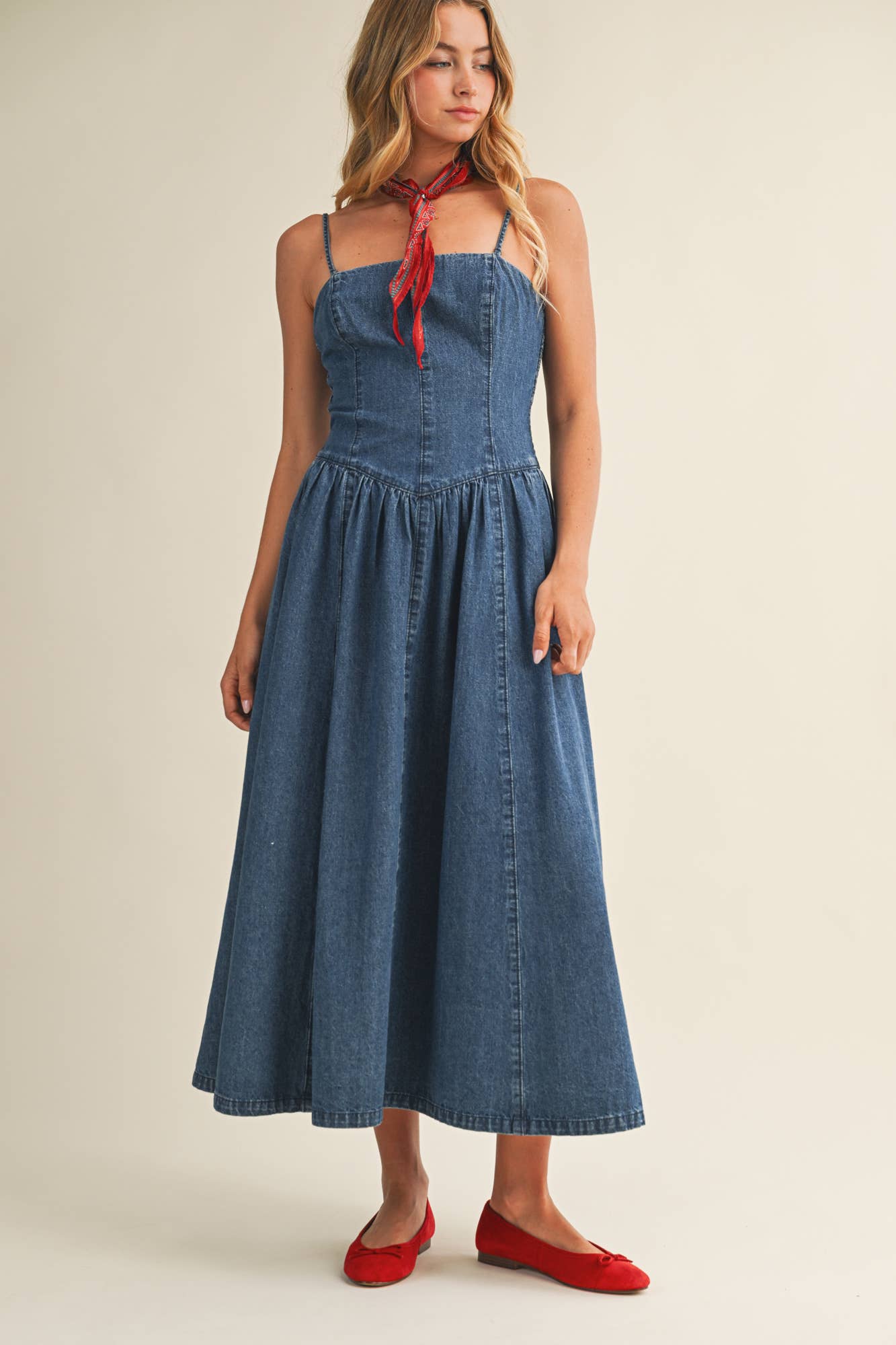 Seamed Bustier Full Skirt Denim Dress