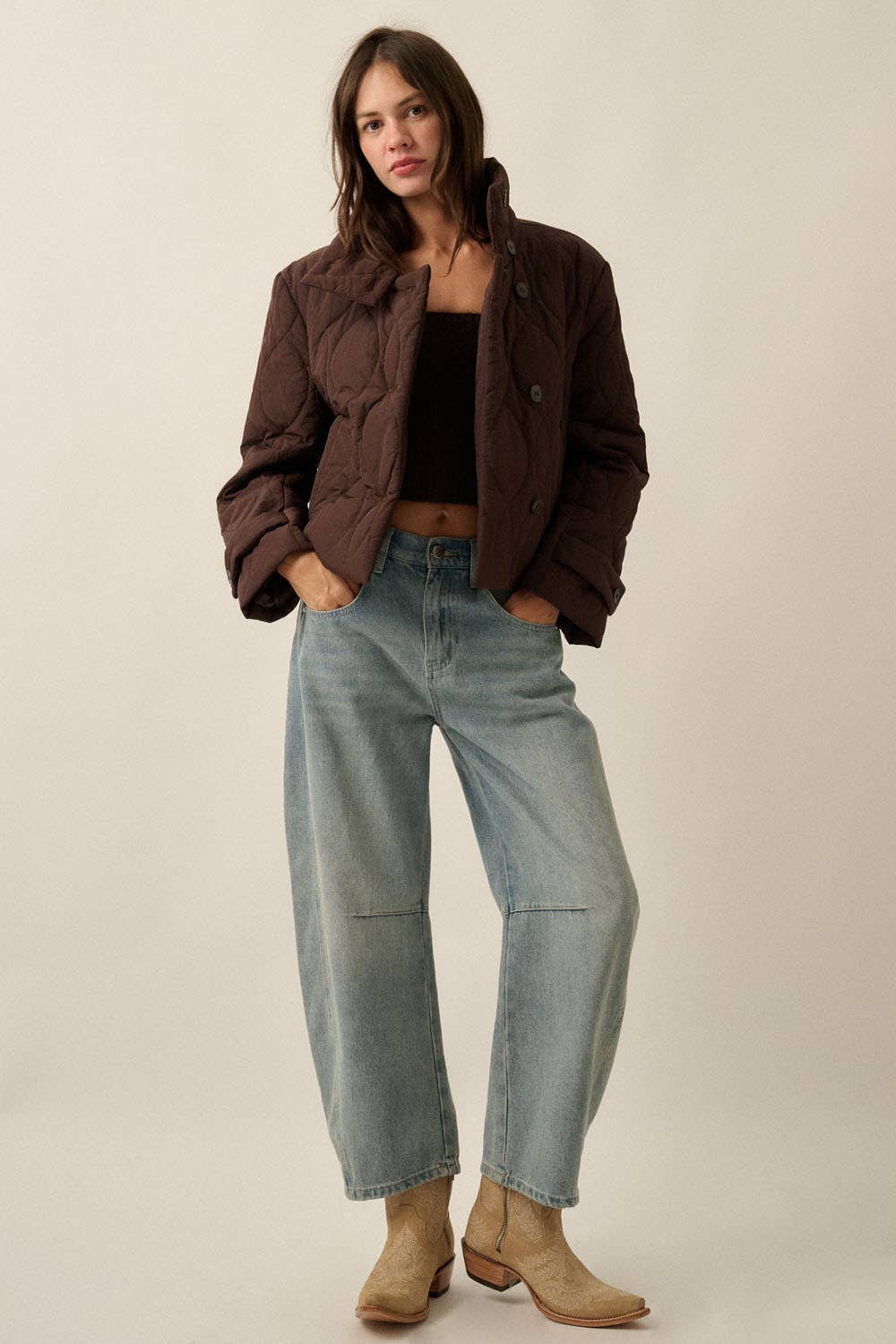 Solid Quilted High-Collar Button-Front Cropped Jacket