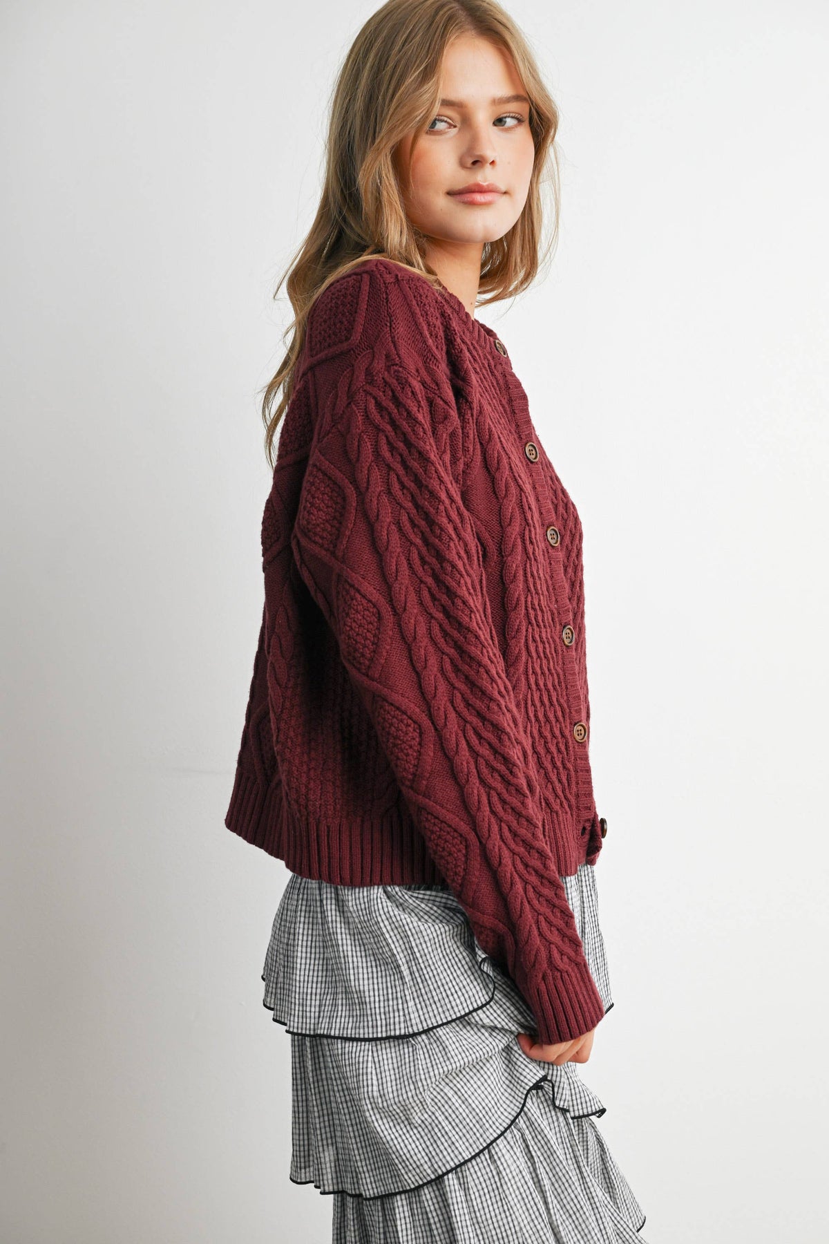 Berry Cable Knit Cardigan