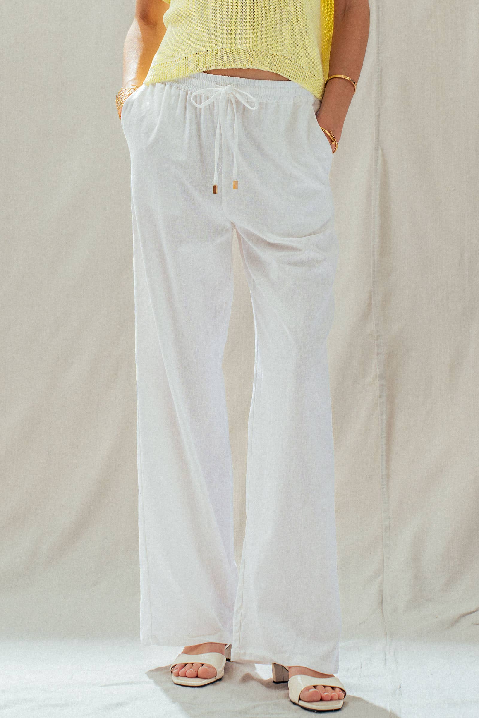 Linen Blend Wide Leg Pants Drawstring Waist 