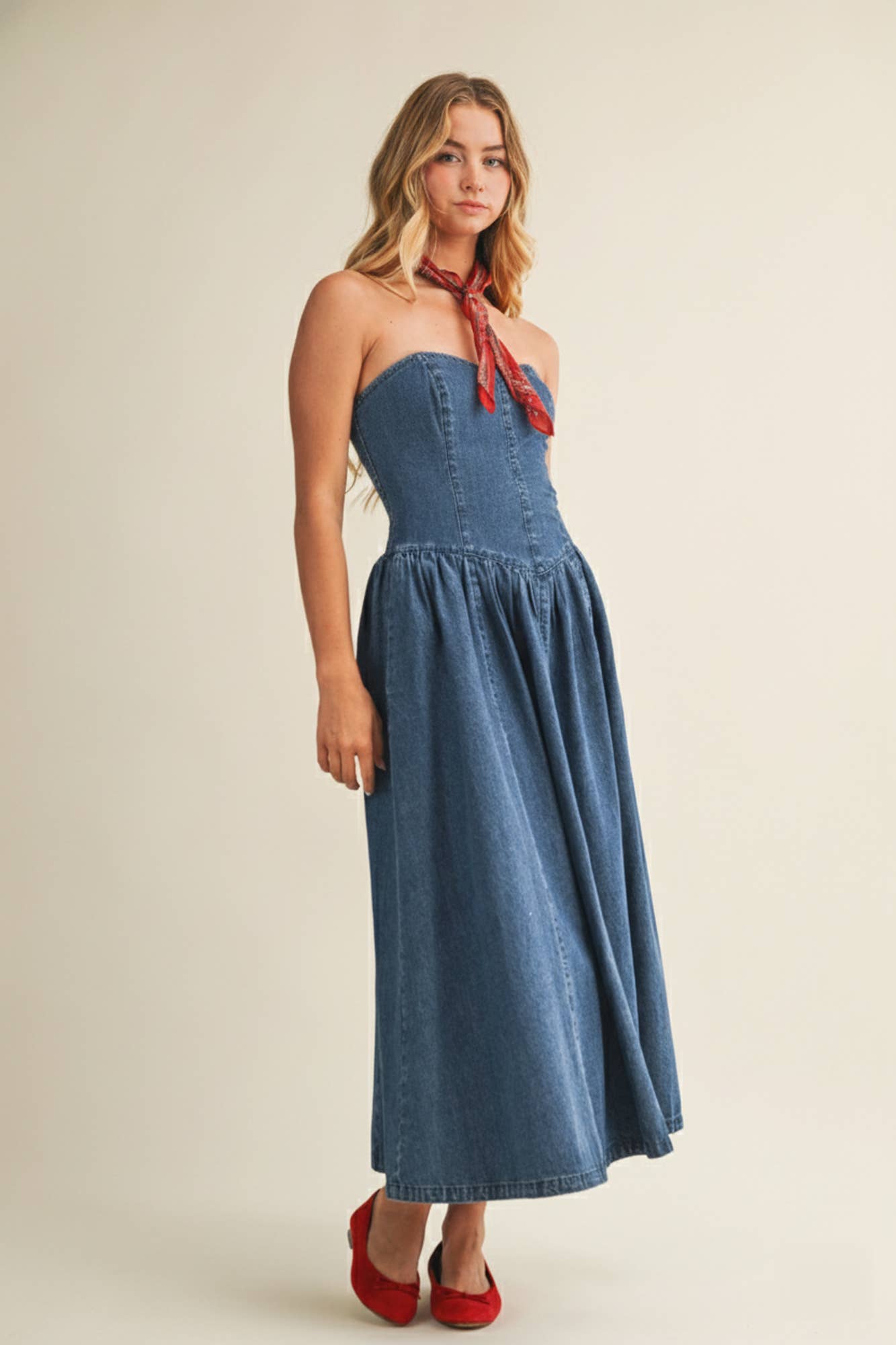Seamed Bustier Full Skirt Denim Dress