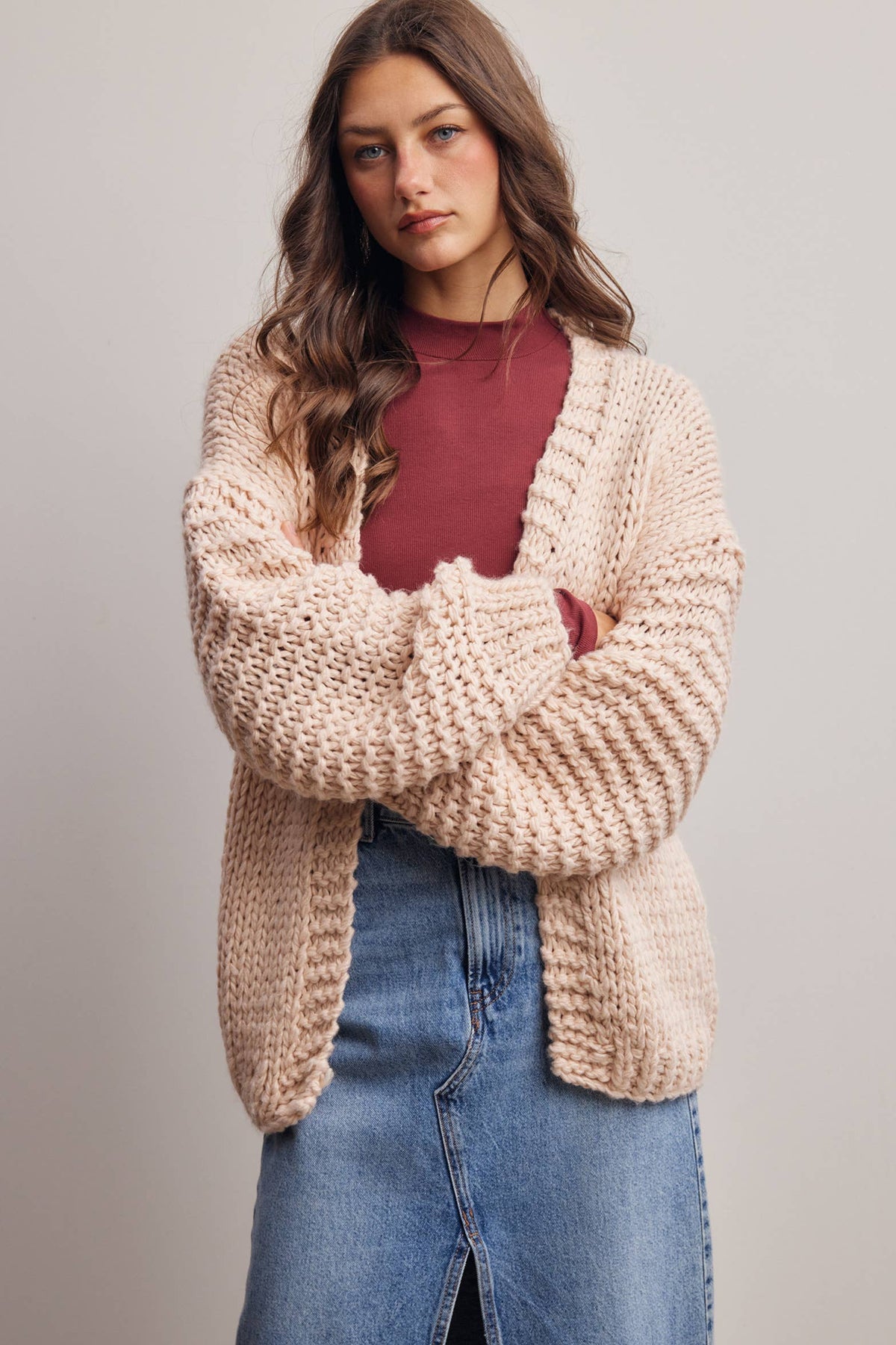 Chunky Knit Heart Back Cardigan in Blush