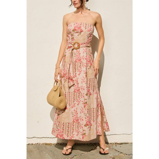 Floral Scarf Rattan Belt Strapless Maxi Dress