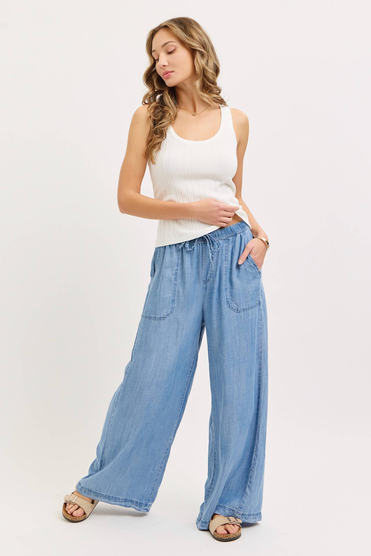 Chambray Wide Leg Classic Pants