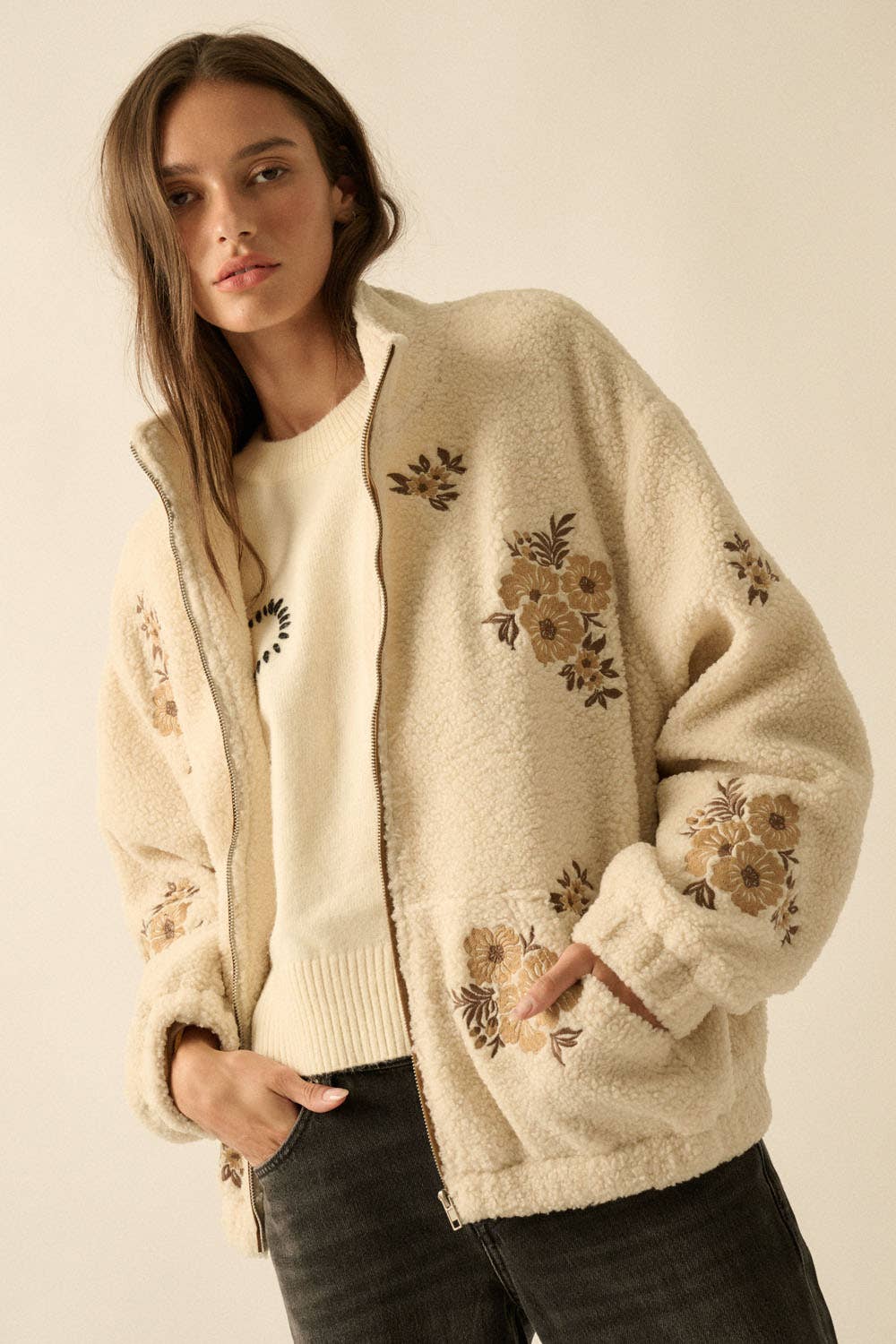 Floral Embroidered Sherpa Fleece Zip-Up Jacket