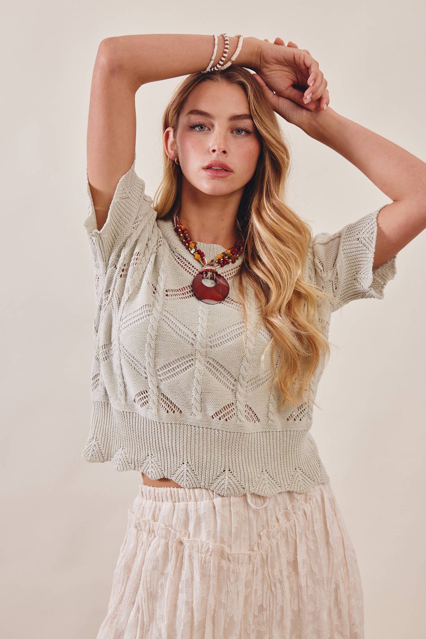 Pointelle Short Sleeve Knit Top