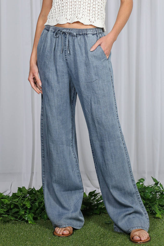 Casual Flowy Wide Leg Tencel Chambray Washed Pants