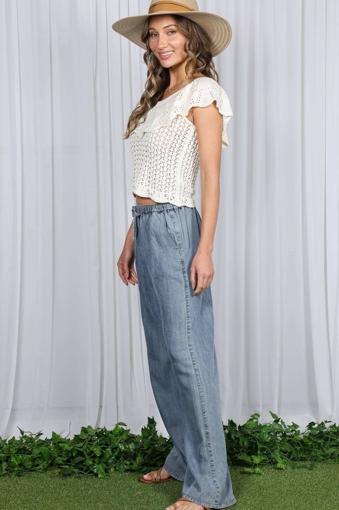Casual Flowy Wide Leg Tencel Chambray Washed Pants
