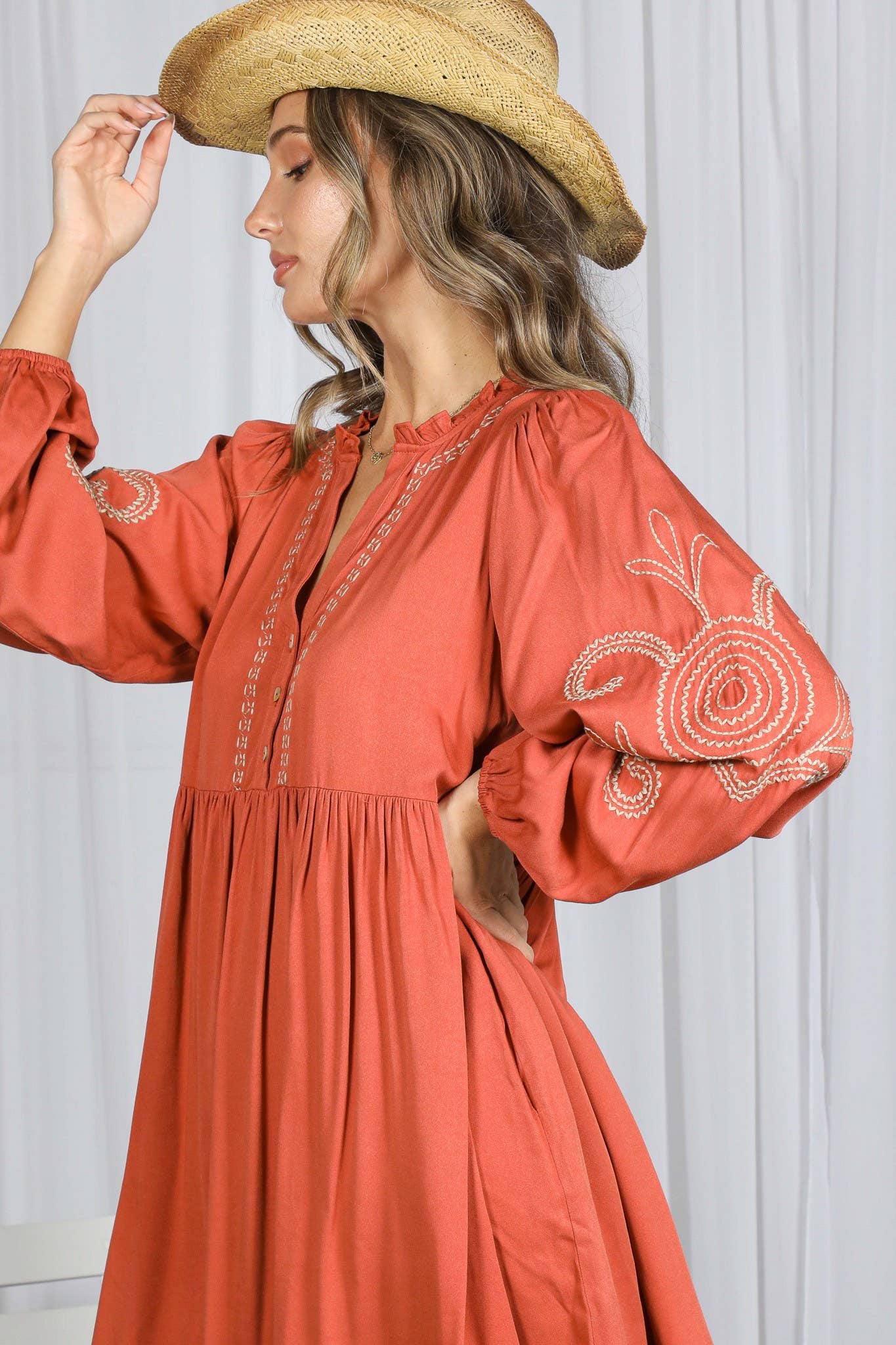 Paisley Embroidered V-Neck Baby Doll Dress