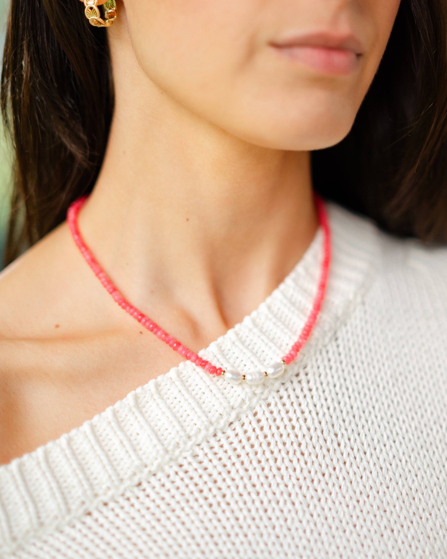 Sunset Pink Freshwater Pearl Beaded Necklace Gold Filled