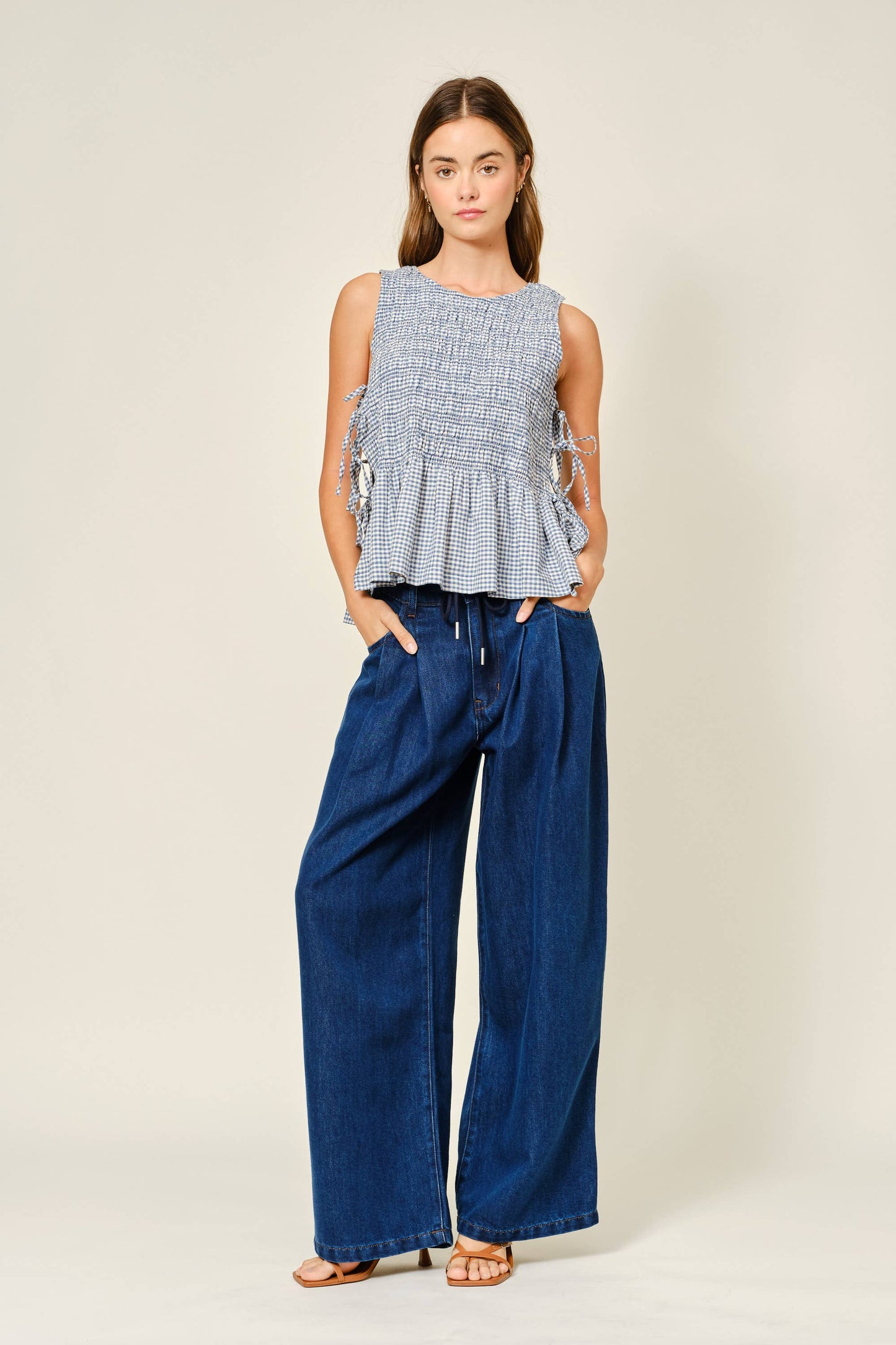 Sleeveless Denim Smocked Tie Top