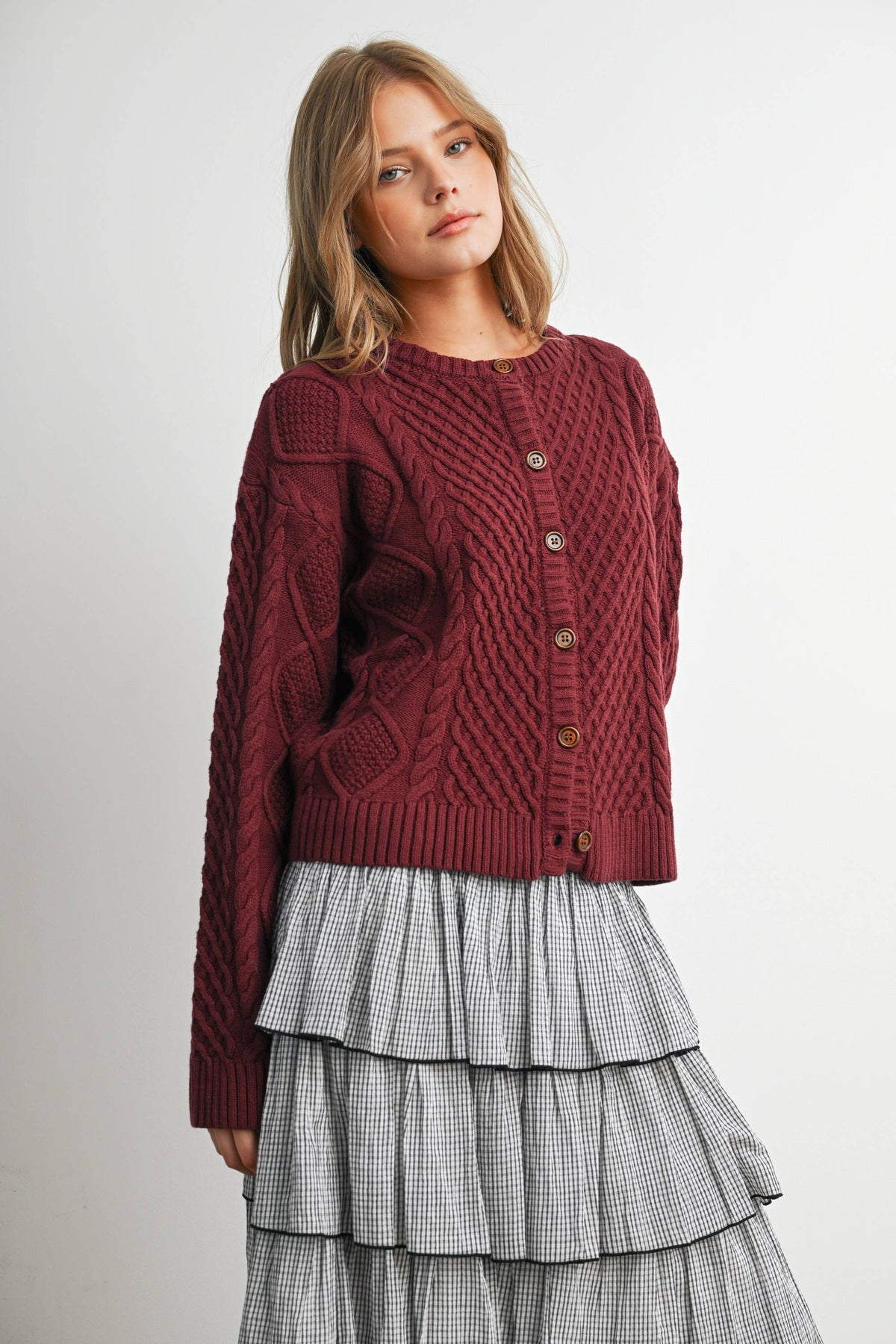 Berry Cable Knit Cardigan