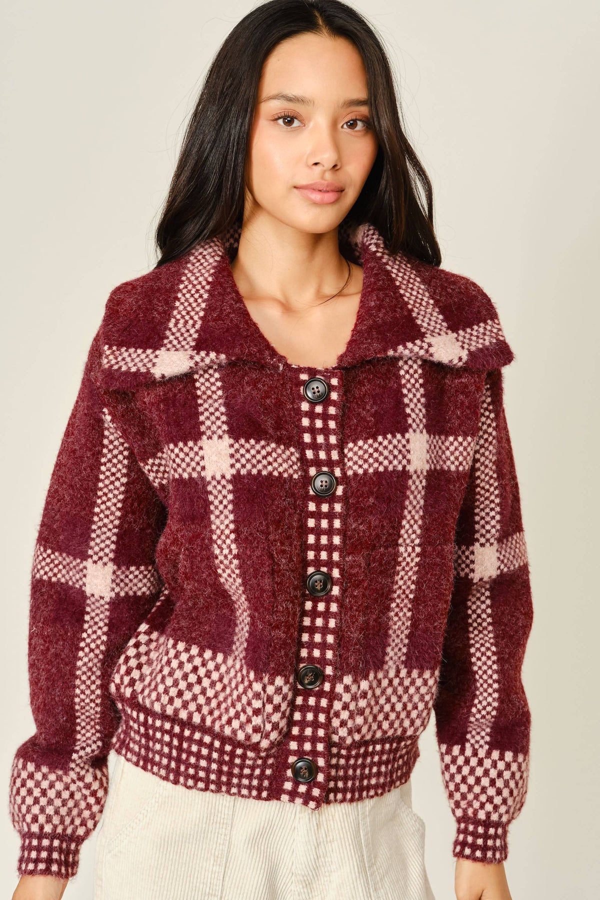 Wine Plaid Button Down Jacket