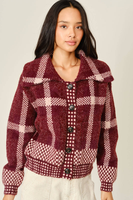 Wine Plaid Button Down Jacket