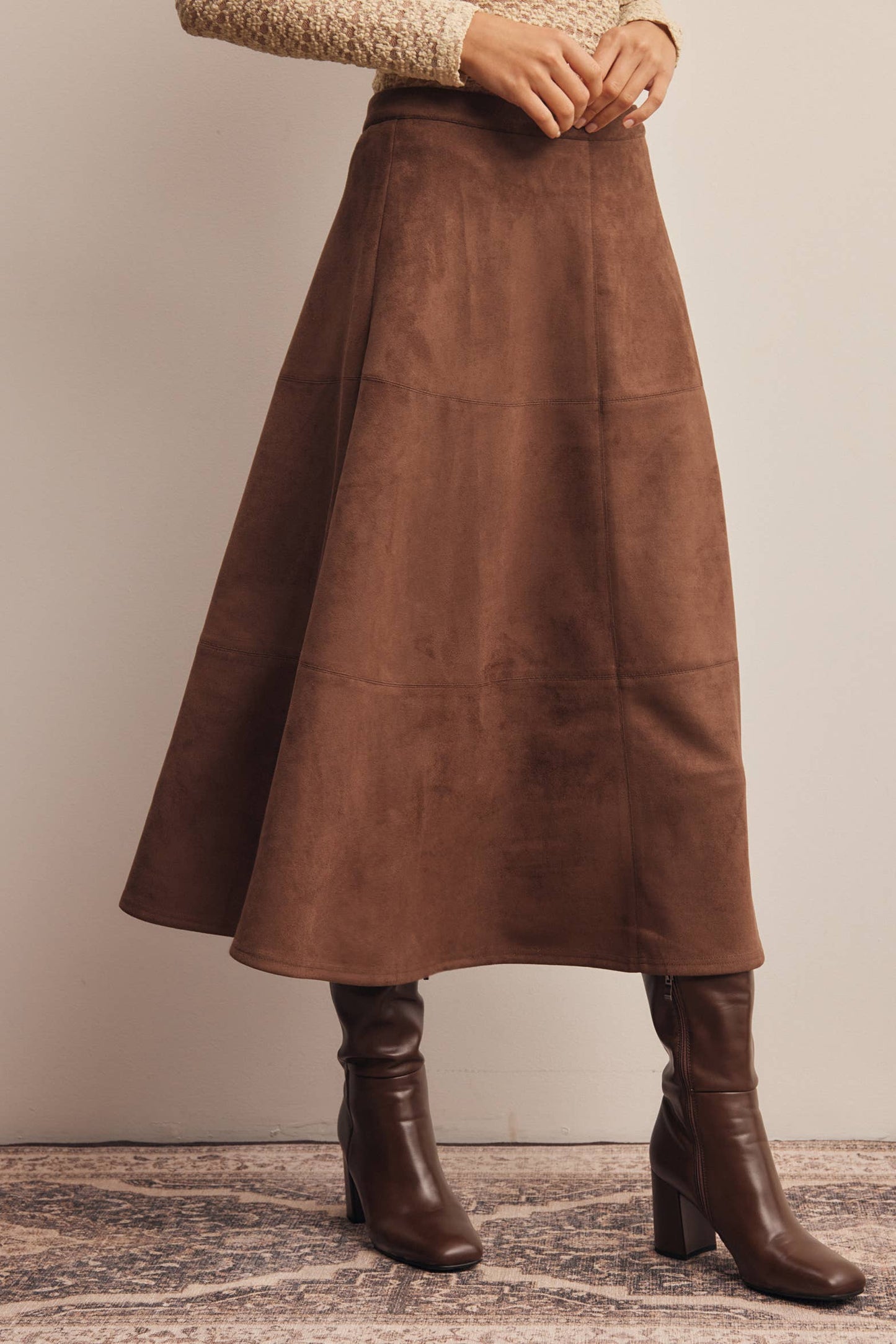 Stretched Suede A-Line Midi Skirt