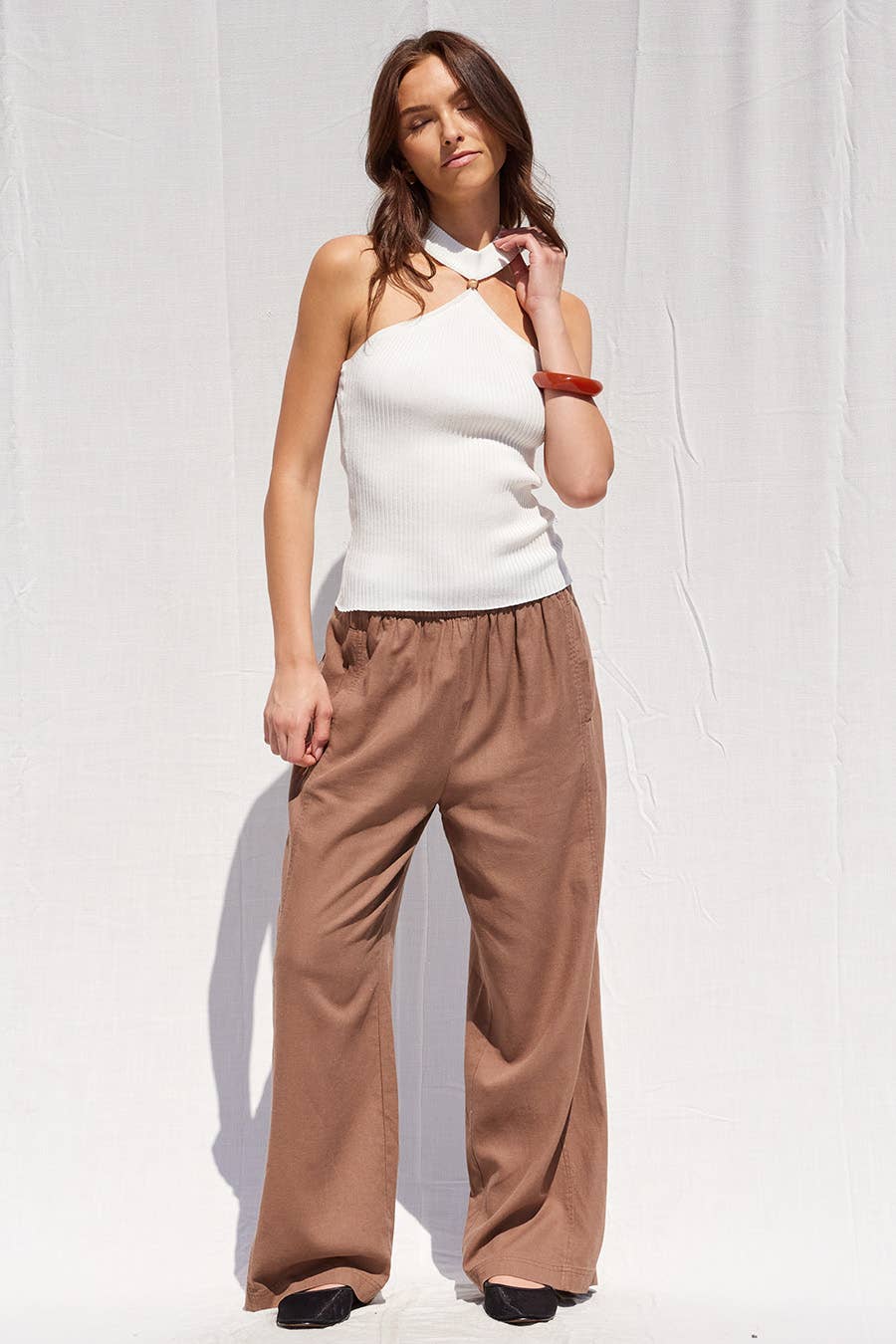 Mocha Wide Leg Baggy Fit Linen Pants