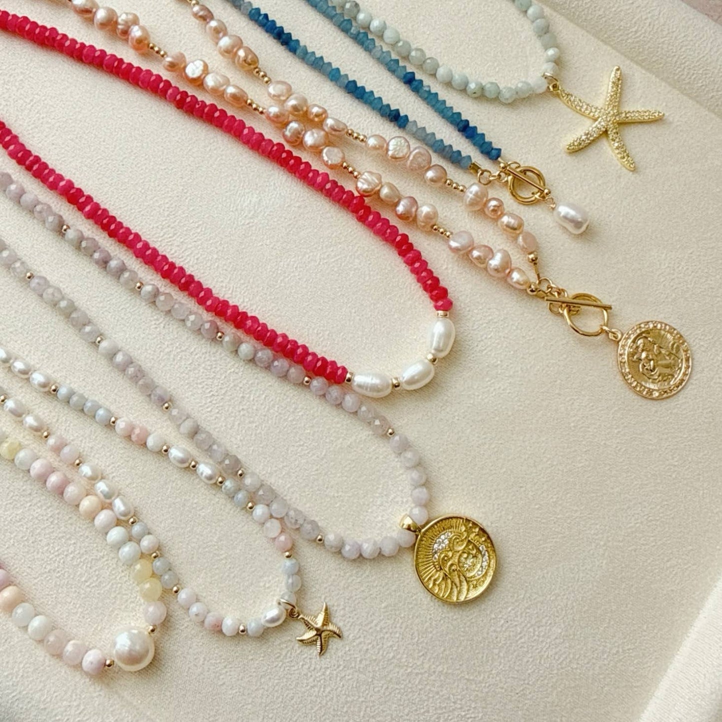 Sunset Pink Freshwater Pearl Beaded Necklace Gold Filled