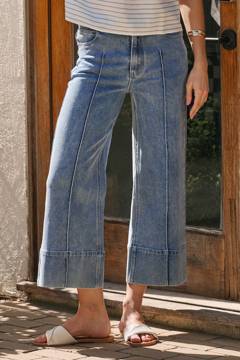 Mid Rise Stretch Denim Wide Leg Front Seamed Jeans
