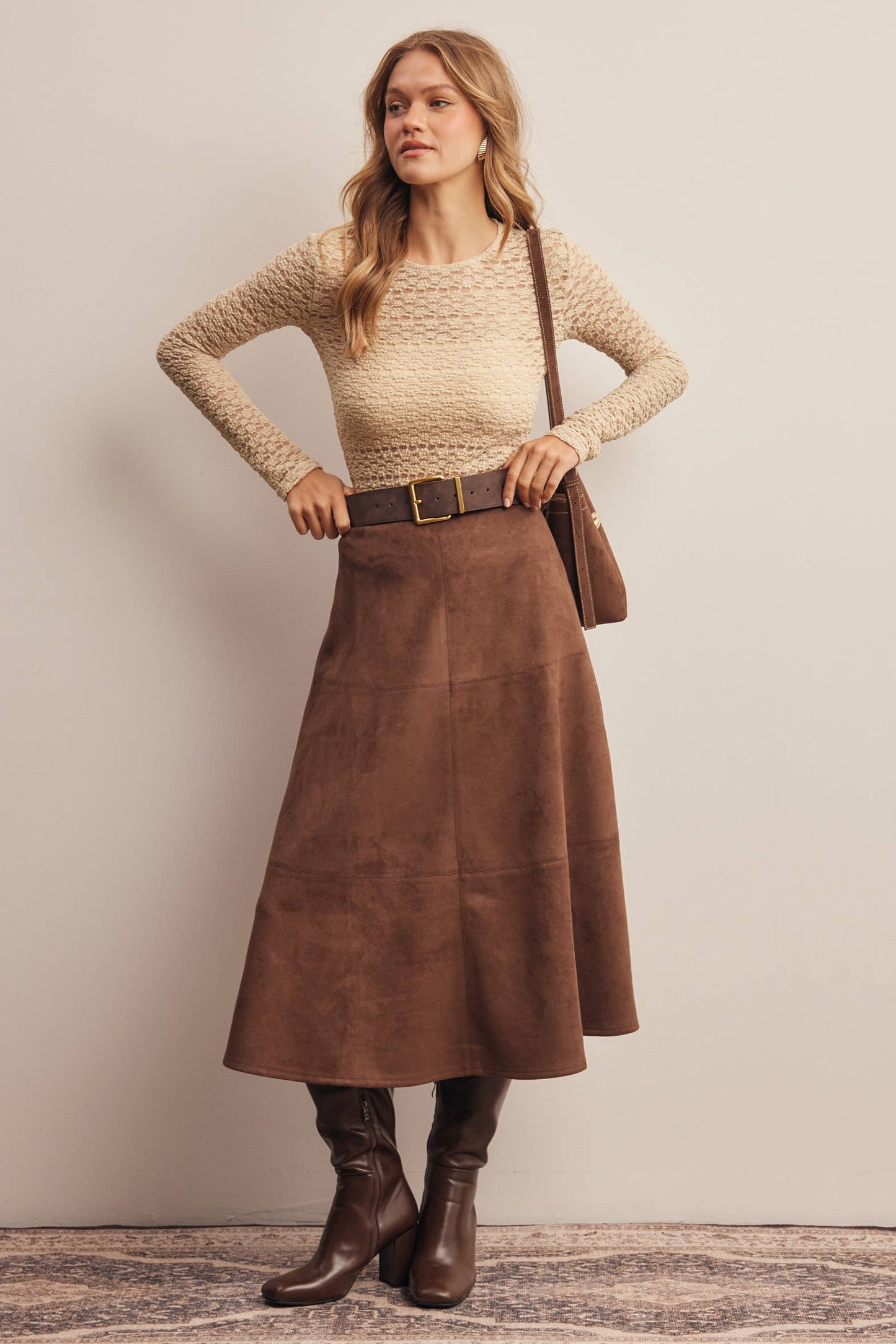 Stretched Suede A-Line Midi Skirt