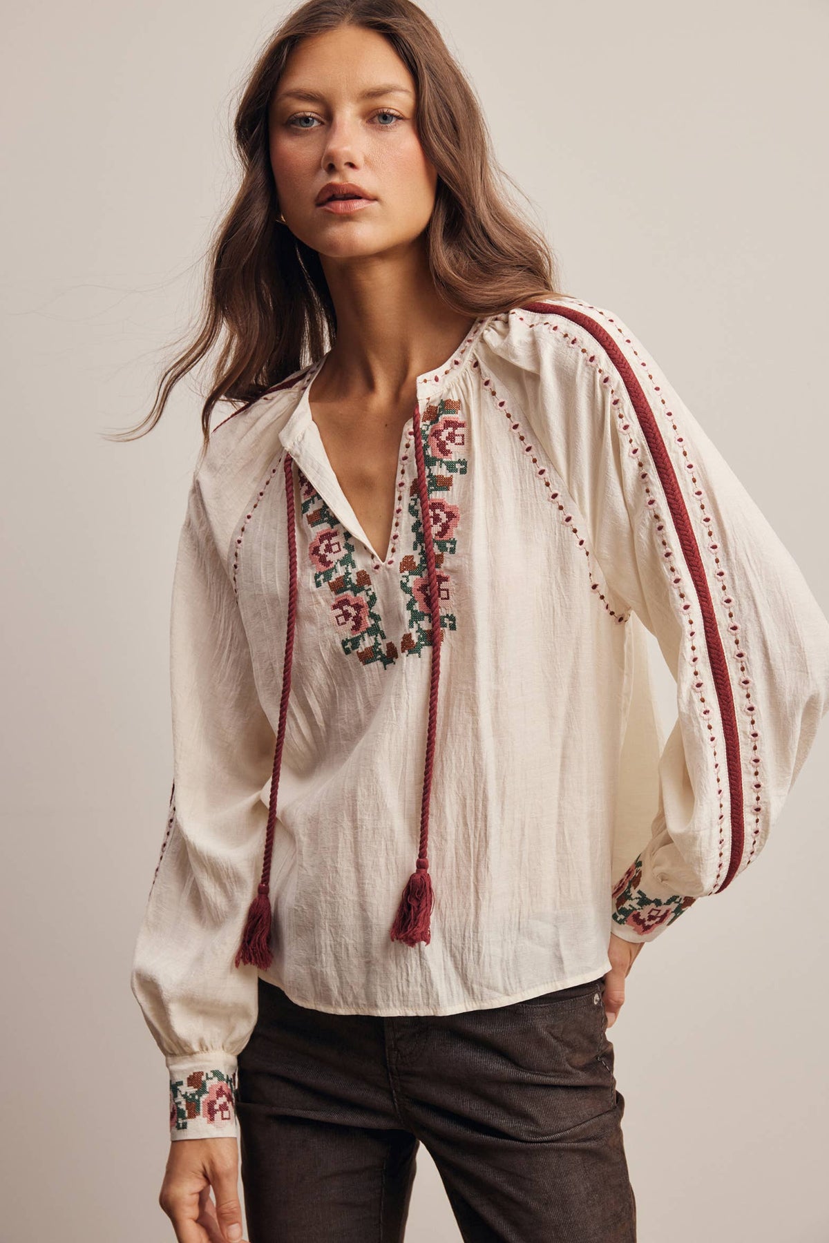 Floral Embroidered Tassel Tie Blouse