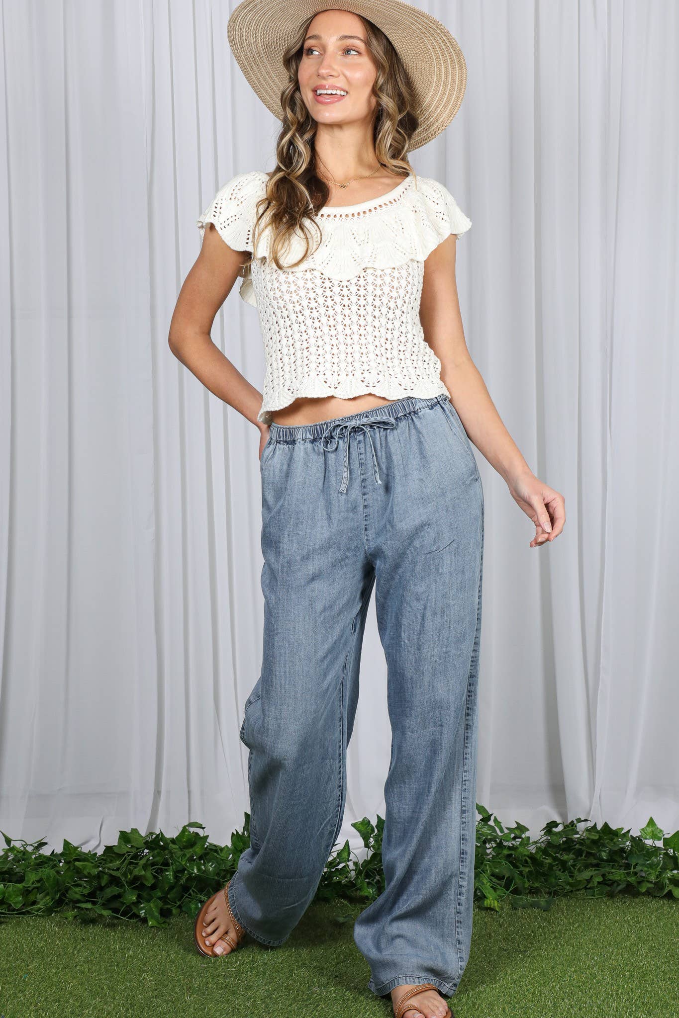 Casual Flowy Wide Leg Tencel Chambray Washed Pants