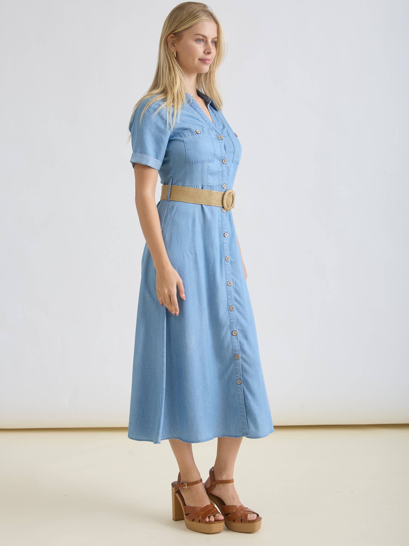 Collared Button Down Cuff Sleeve Belted Midi Dress 