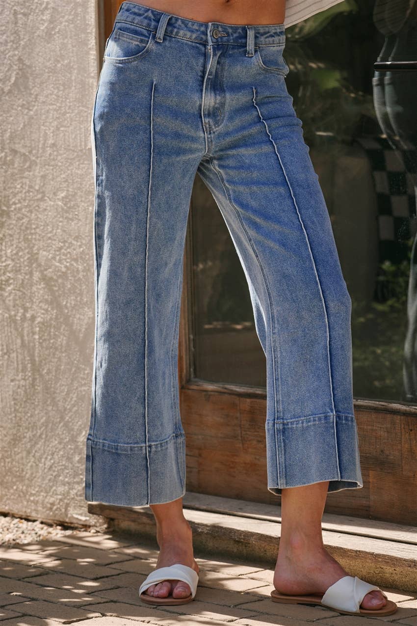 Mid Rise Stretch Denim Wide Leg Front Seamed Jeans