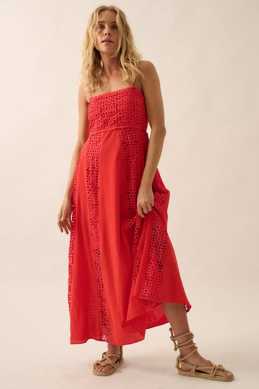 Crochet Lace and Crepe Paneled Maxi Dress