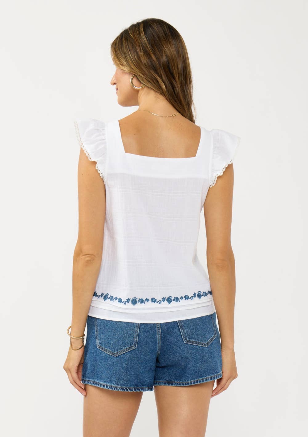 Ruffle Sleeve Embroidered Pintuck Top