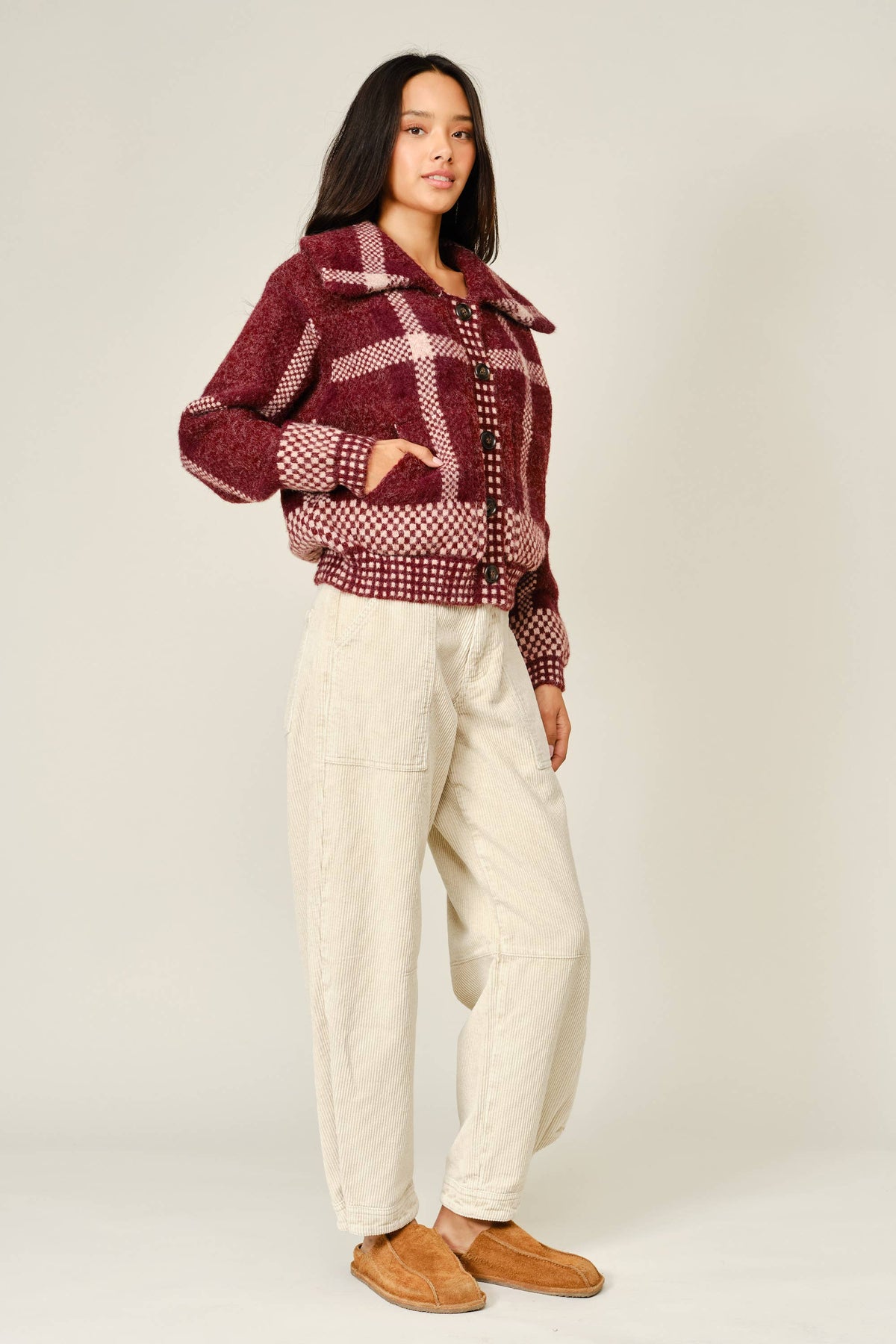 Wine Plaid Button Down Jacket