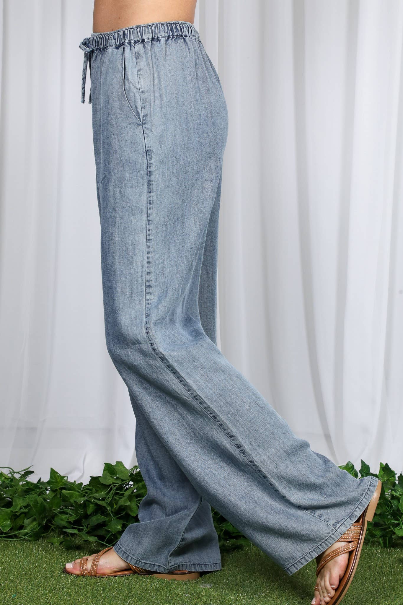 Casual Flowy Wide Leg Tencel Chambray Washed Pants