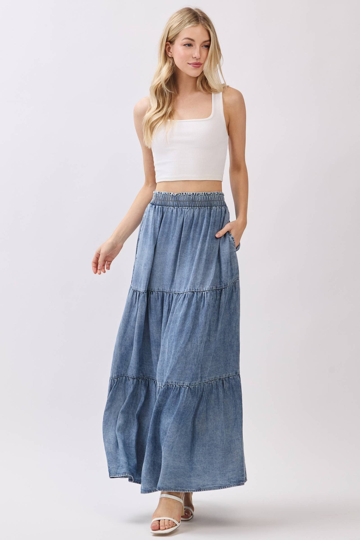 Washed Denim Tiered Maxi Skirt