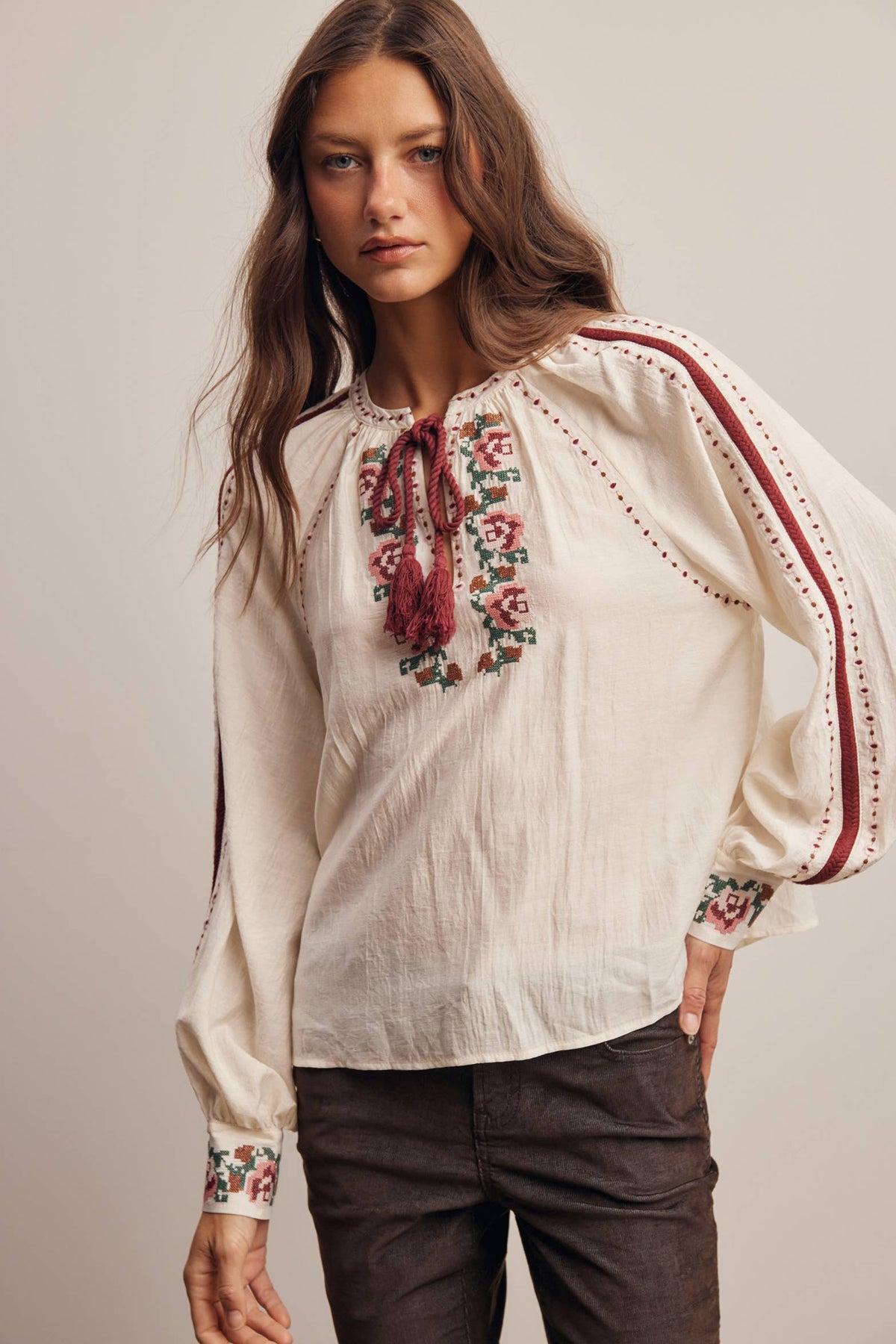 Floral Embroidered Tassel Tie Blouse
