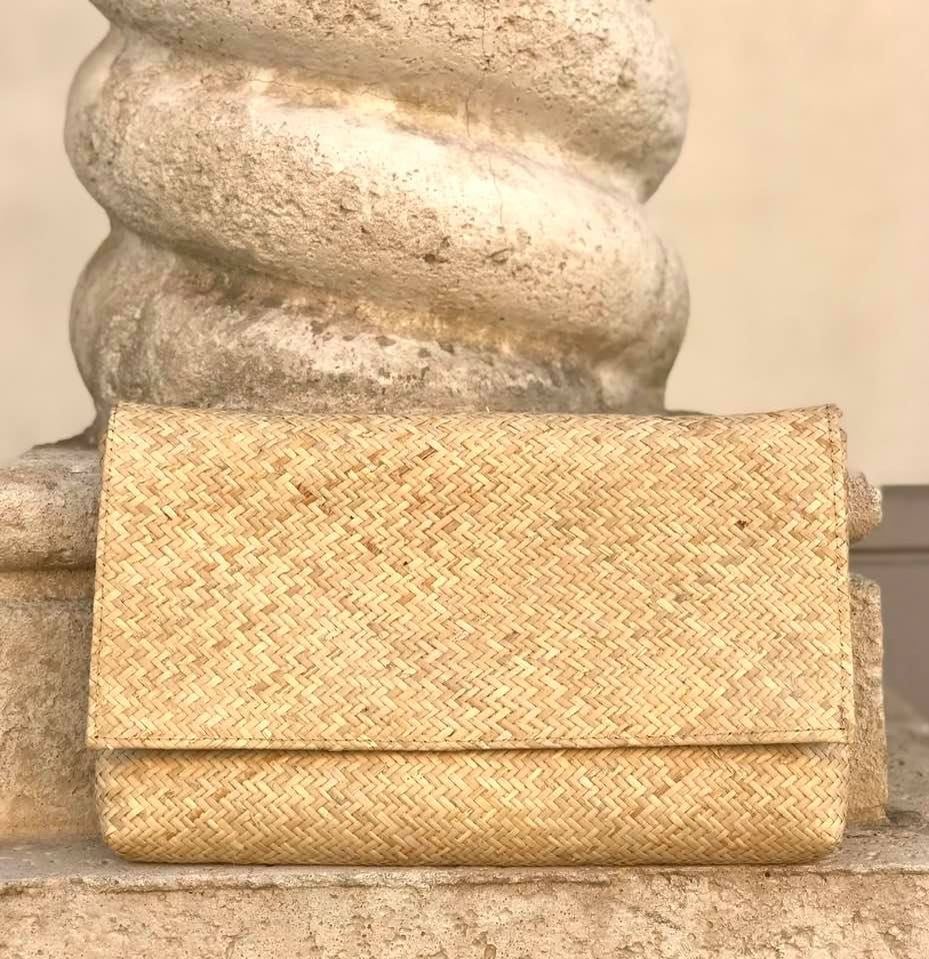 Ivory Rattan Clutch With Print Lining