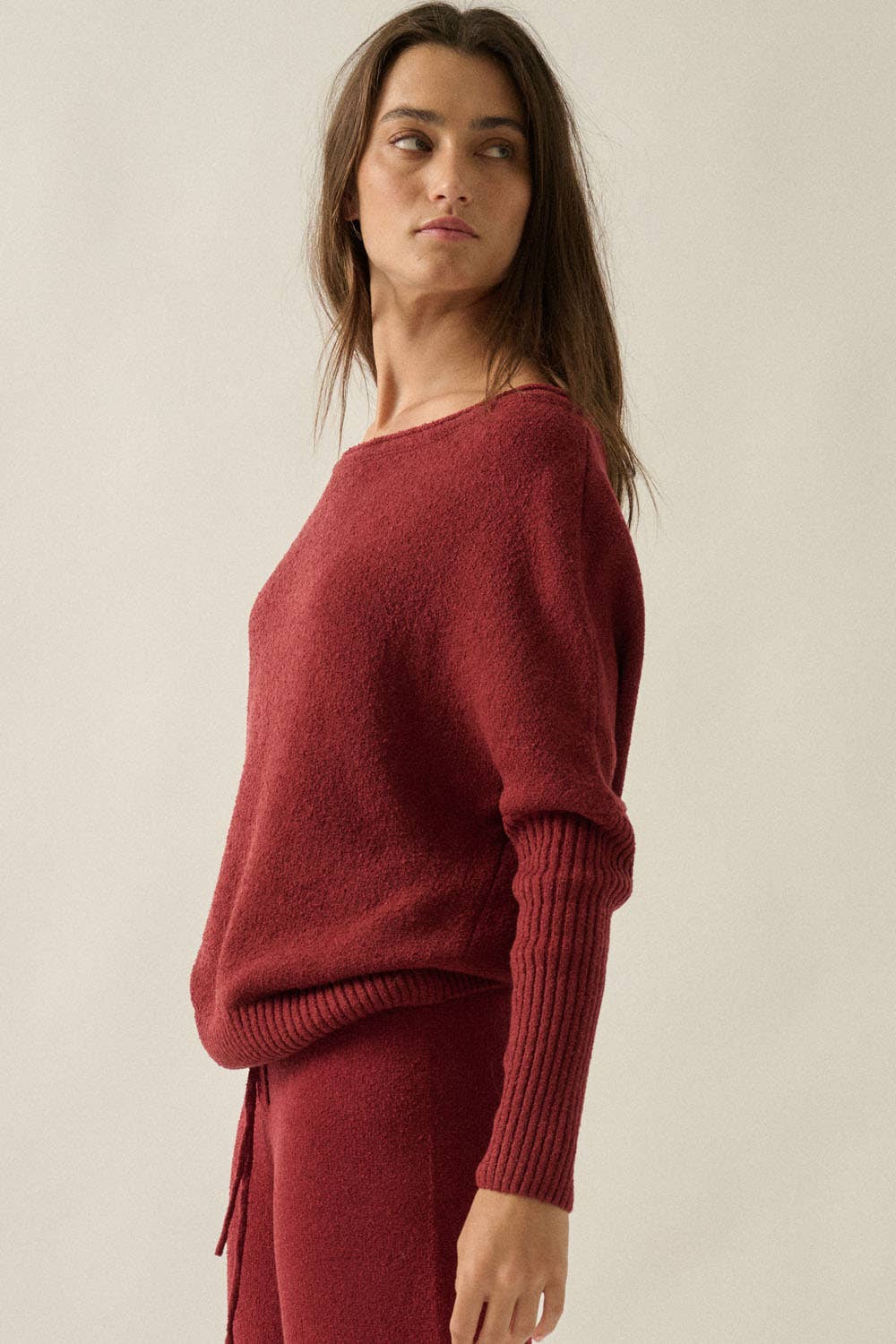 Textured Knit One-Shoulder Boatneck Dolman Sweater