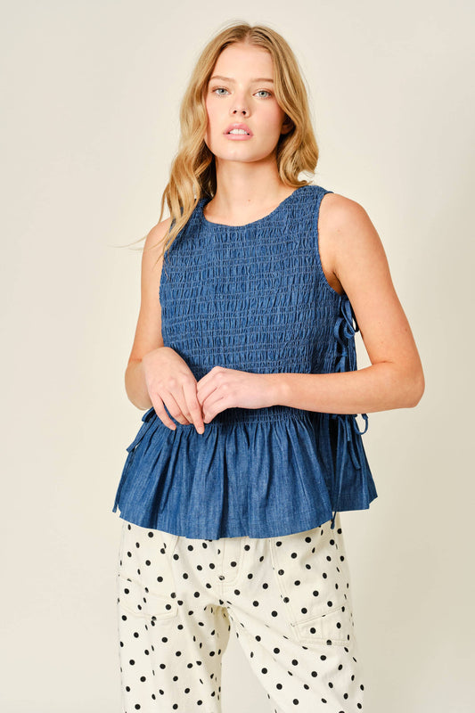 Sleeveless Denim Smocked Tie Top
