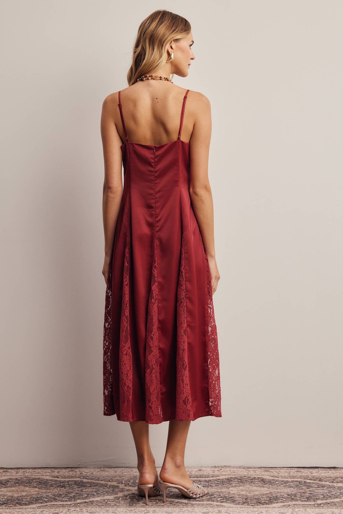 Lace Panel Satin Slip Midi Dress