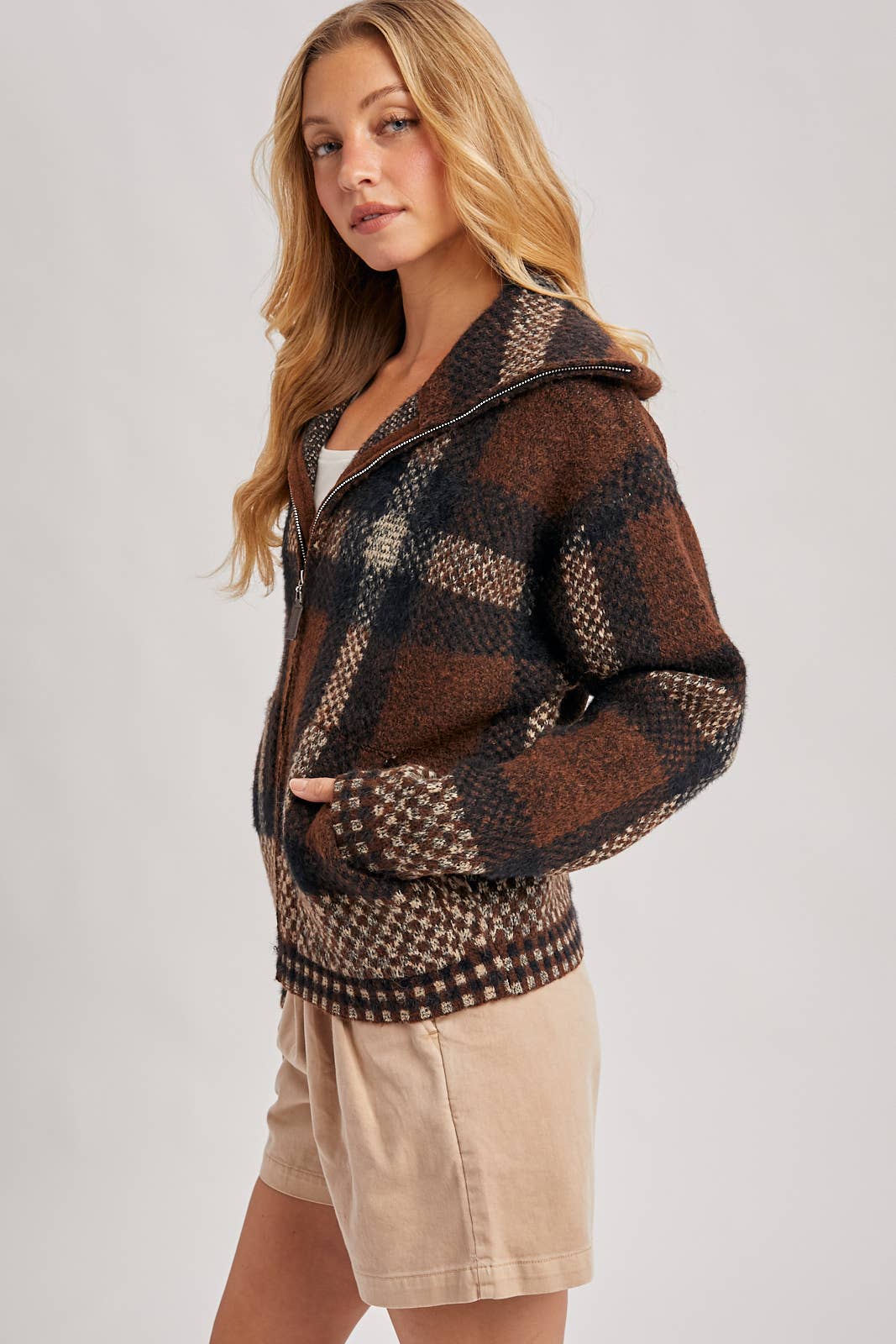 Plaid Zipper Front Wide Collar Jacket