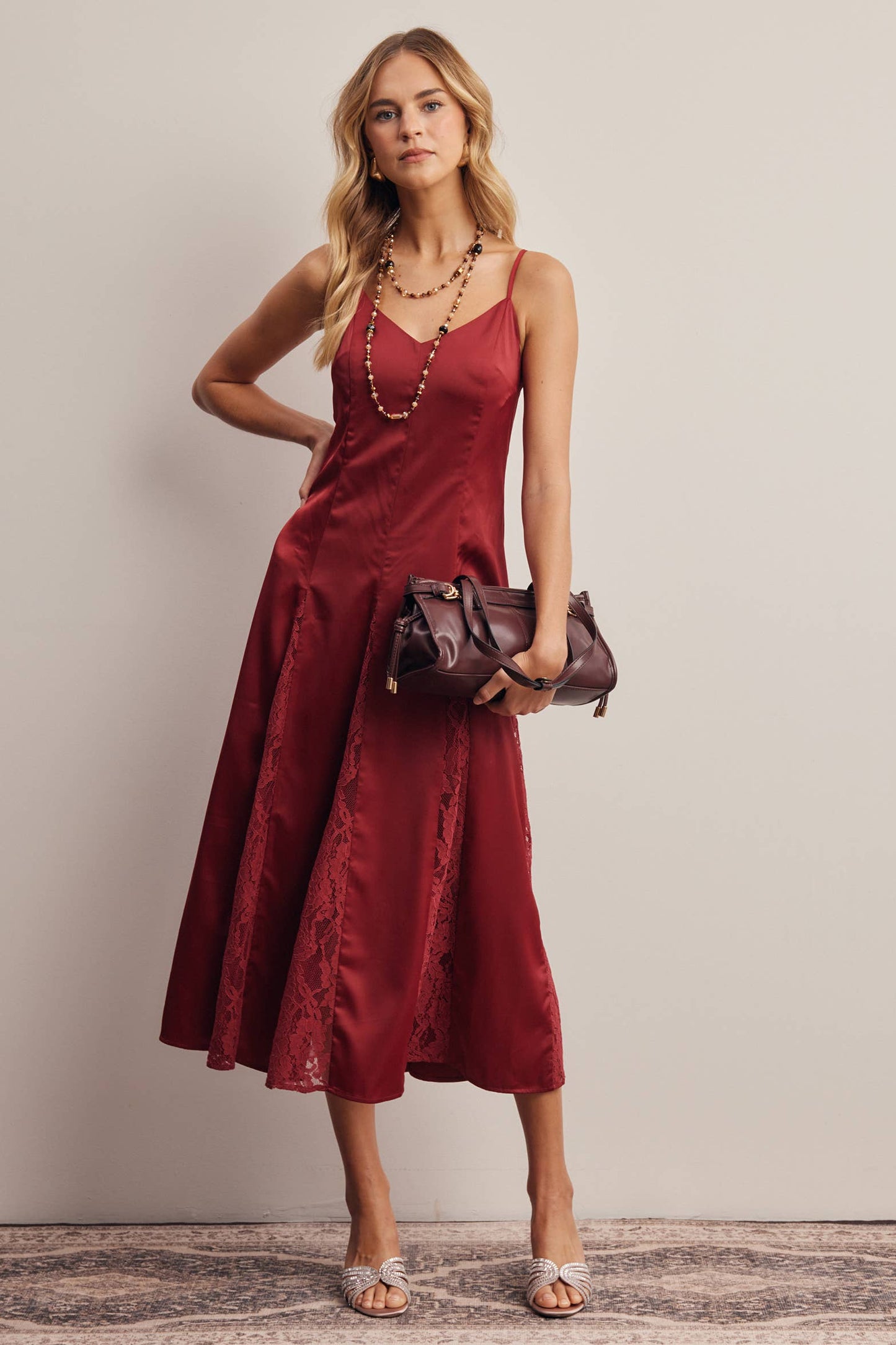 Lace Panel Satin Slip Midi Dress