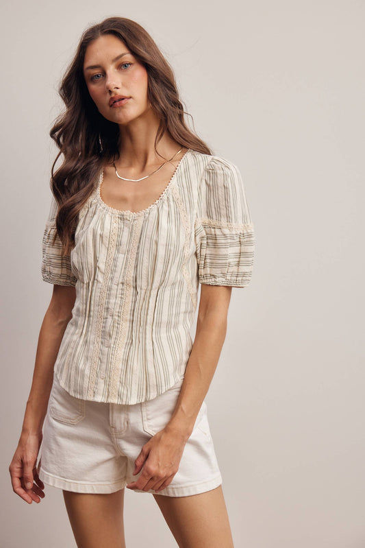 Striped Lace-Trim Puff Sleeve Blouse 