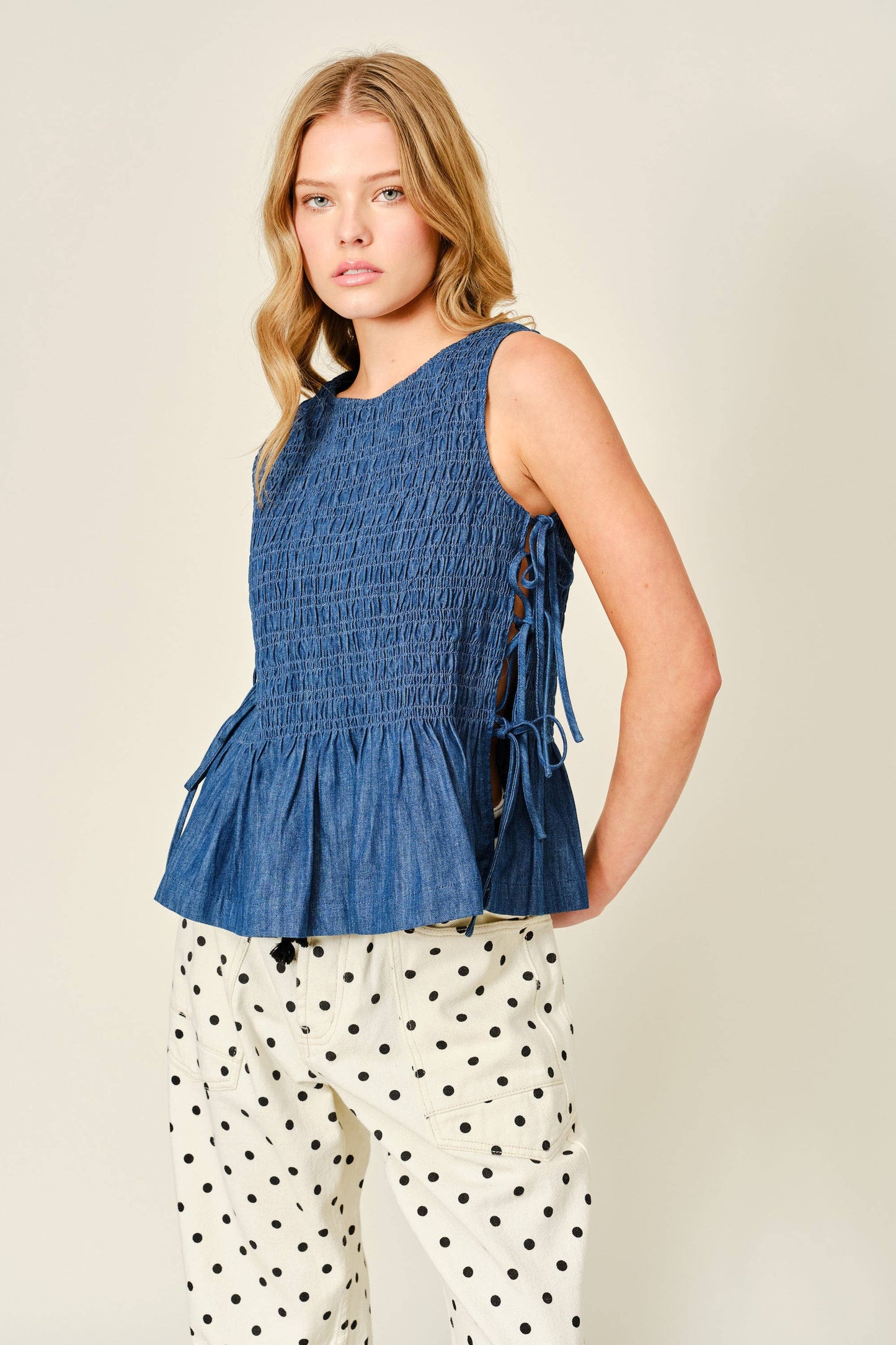 Sleeveless Denim Smocked Tie Top