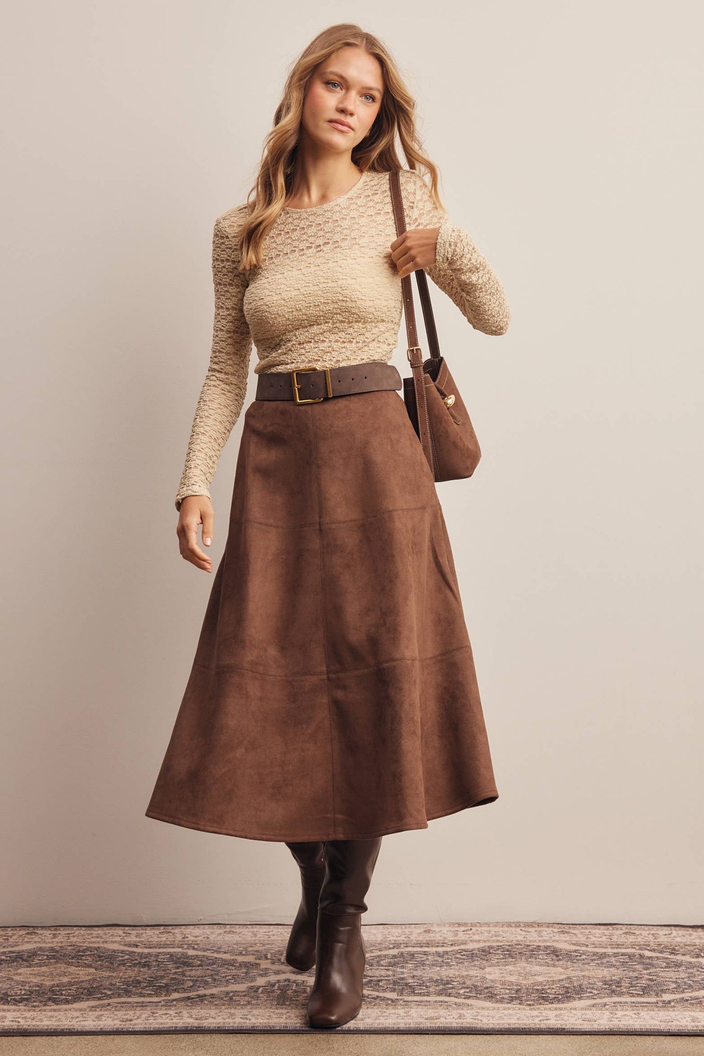 Stretched Suede A-Line Midi Skirt
